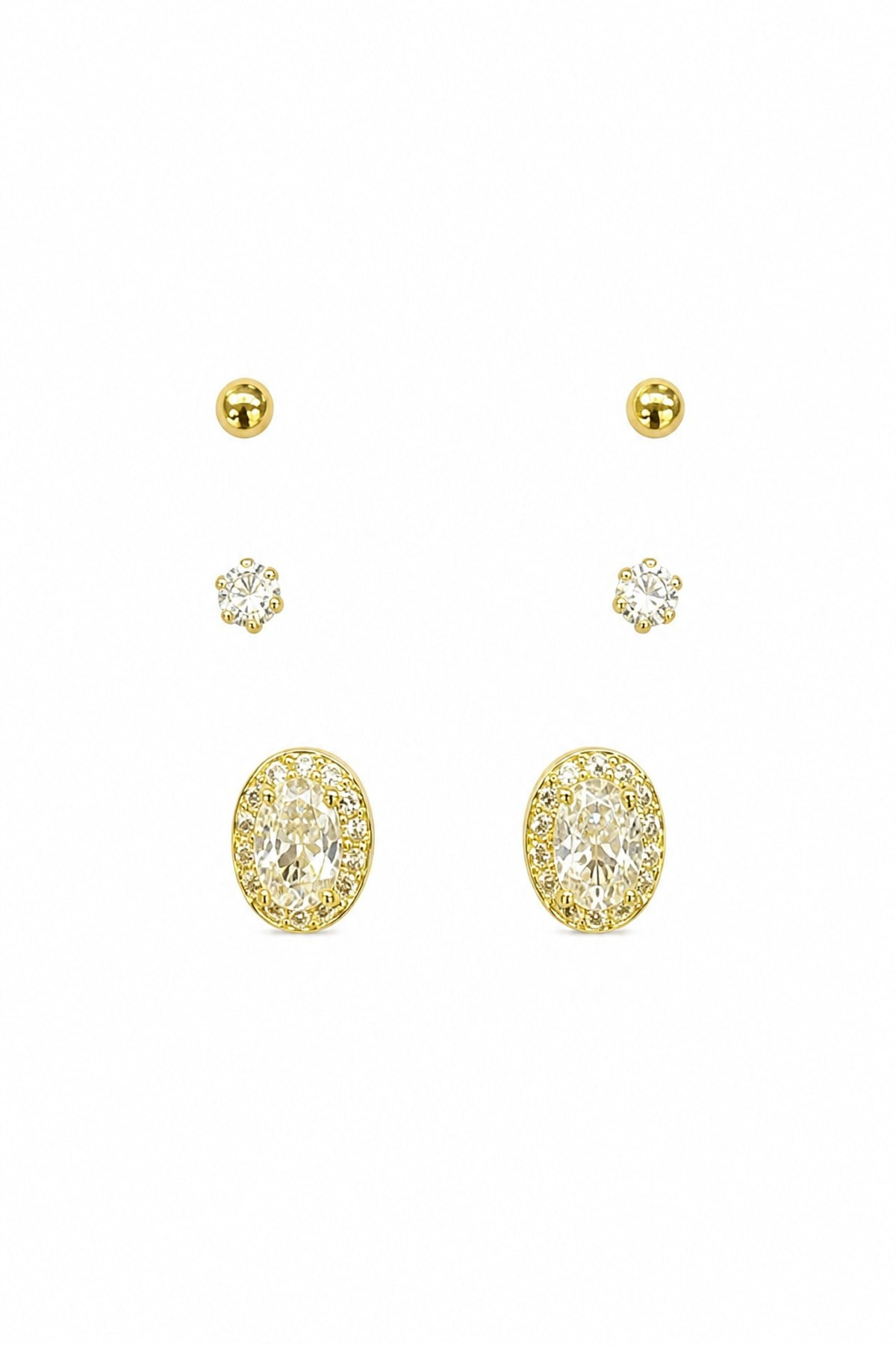 Oval Taşlı Mini Gold Küpe Seti