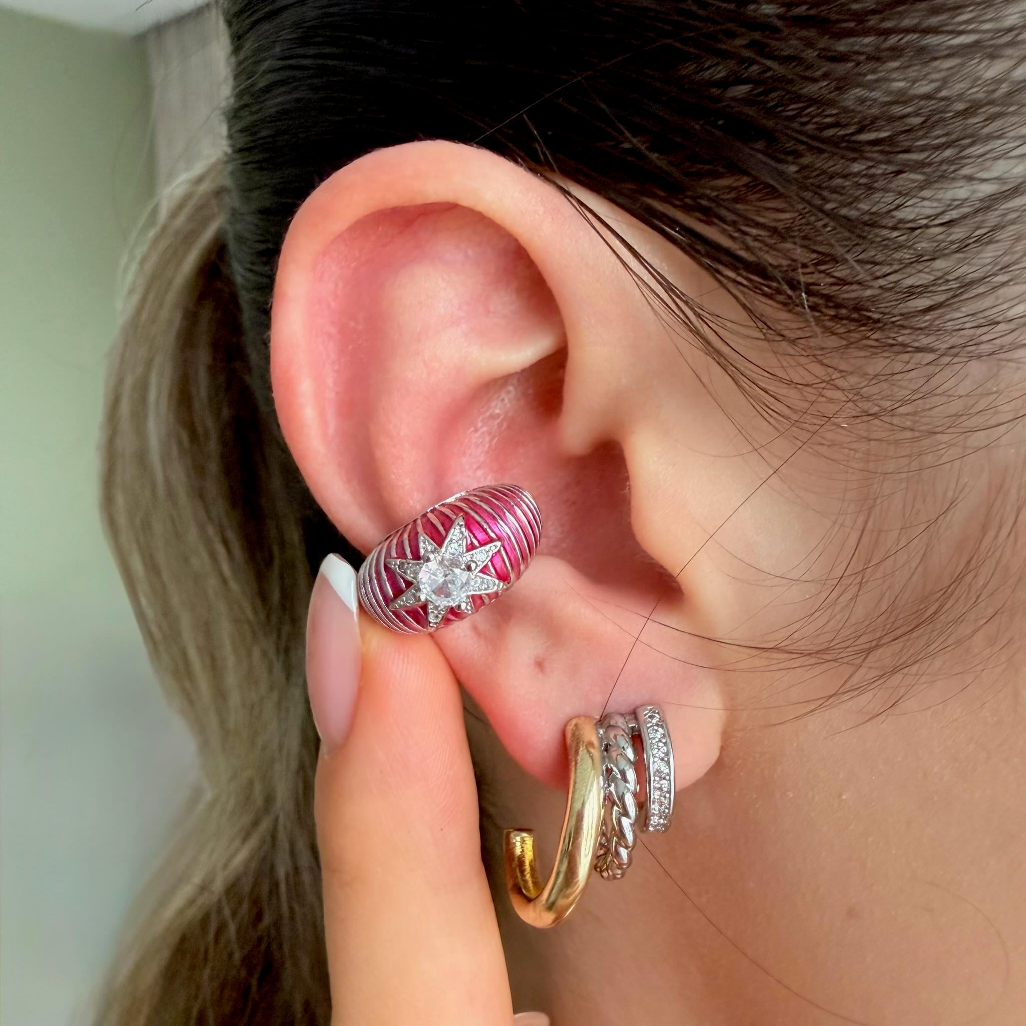 Pembe Bombeli Taşlı Earcuff (Silver)
