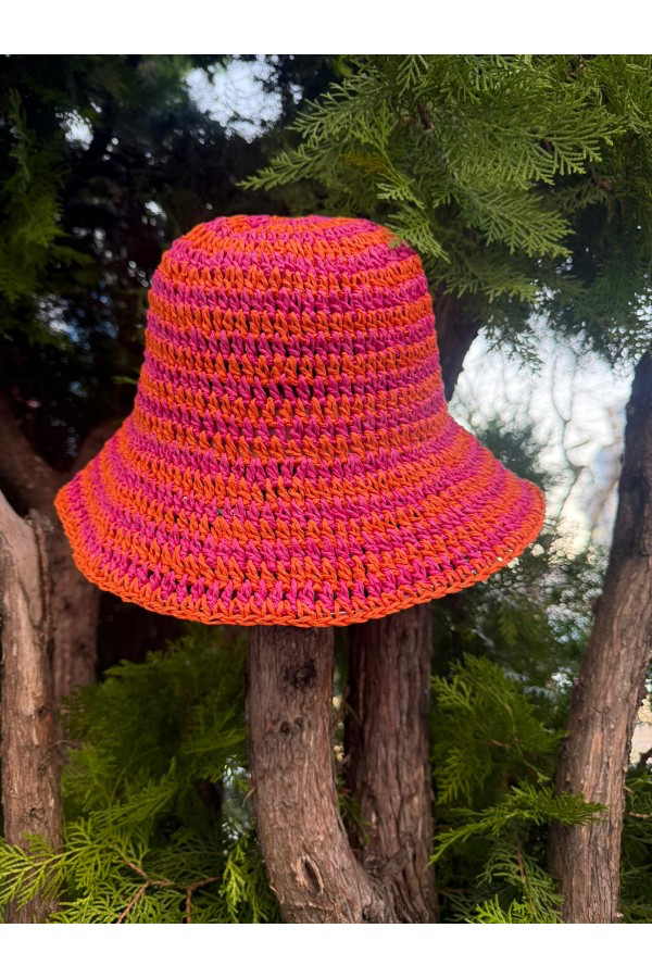 Pembe Turuncu Çizgili Hasır Şapka