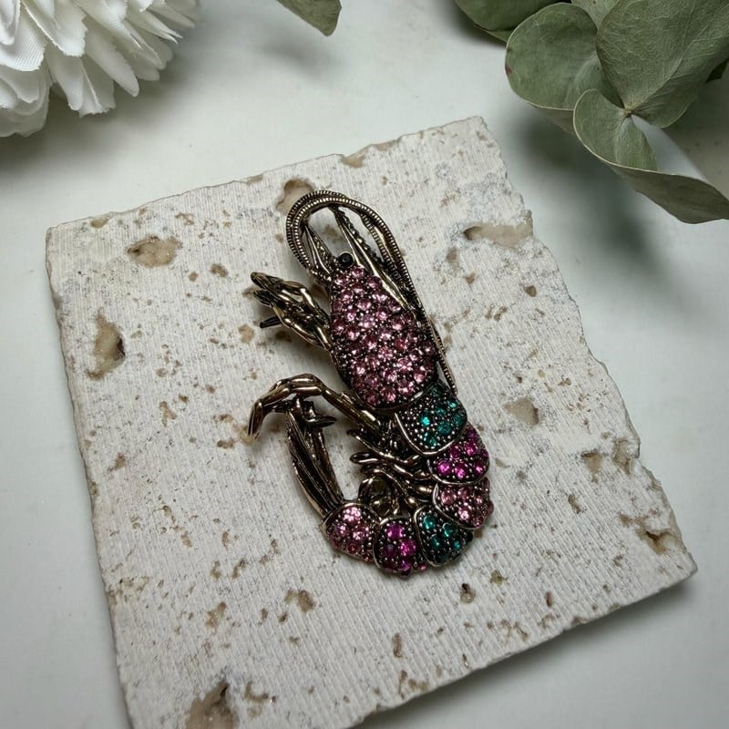 Pembe Yeşil Taşlı Istakoz Bronz Broş