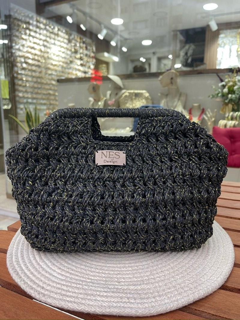 Siyah Simli Hasır Clutch Çanta