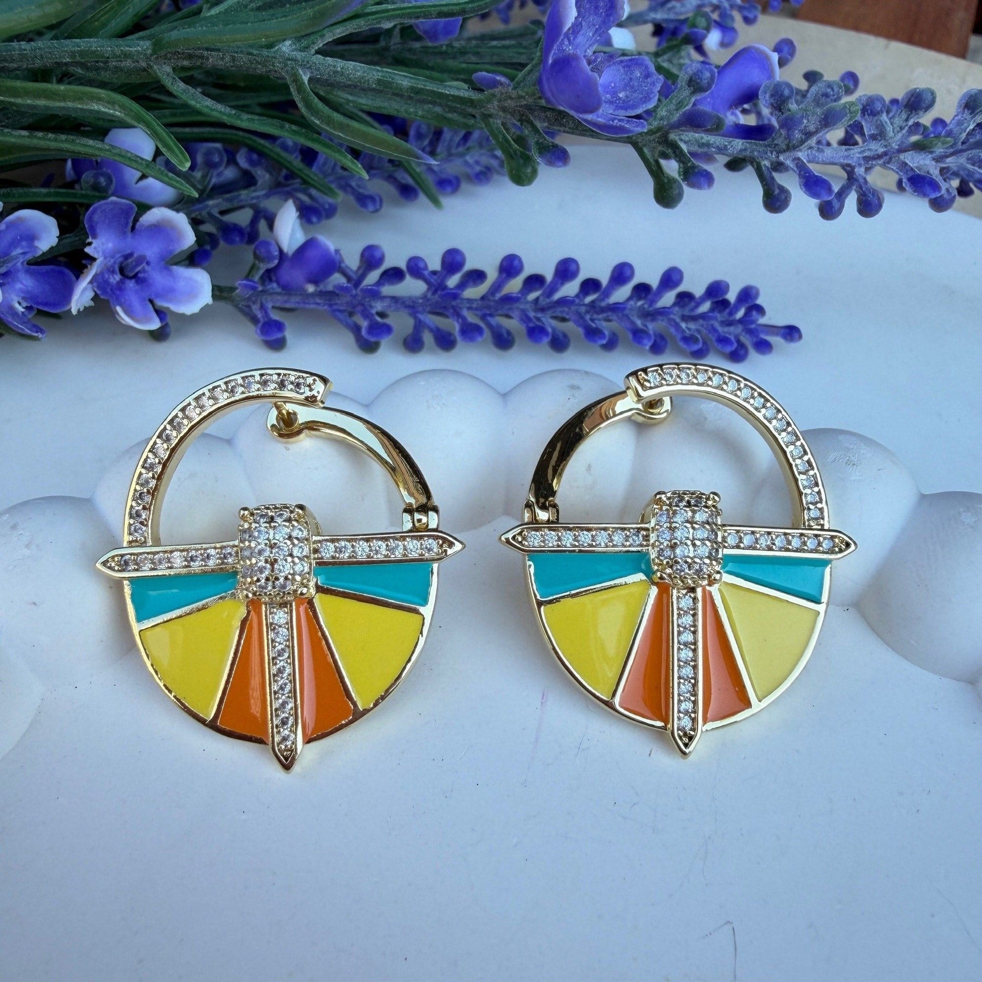 Taşlı Art Deco Küpe (Turuncu - Mavi)