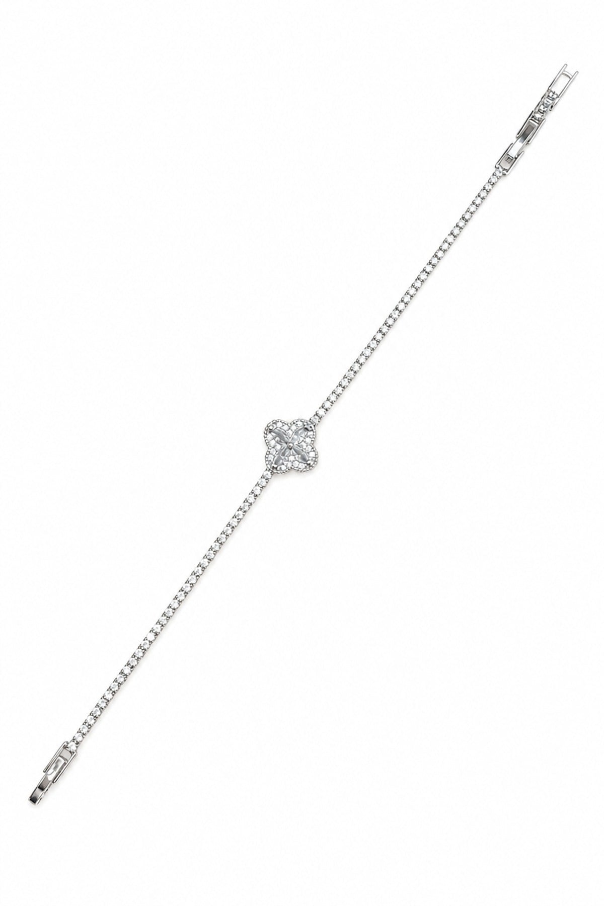Taşlı Yonca Tamtur Bileklik (17+2 cm - Silver)