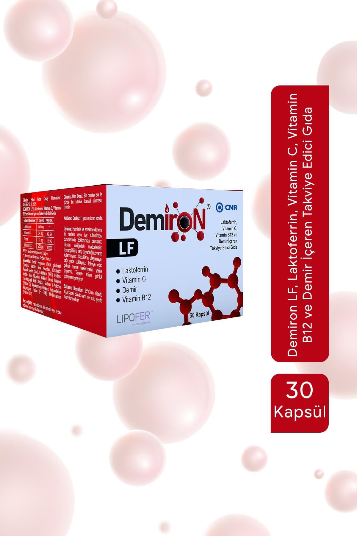Demiron LF, Laktoferrin, Vitamin C, Vitamin B12 ve Demir İçeren Takviye Edici Gıda - 30 Kapsül