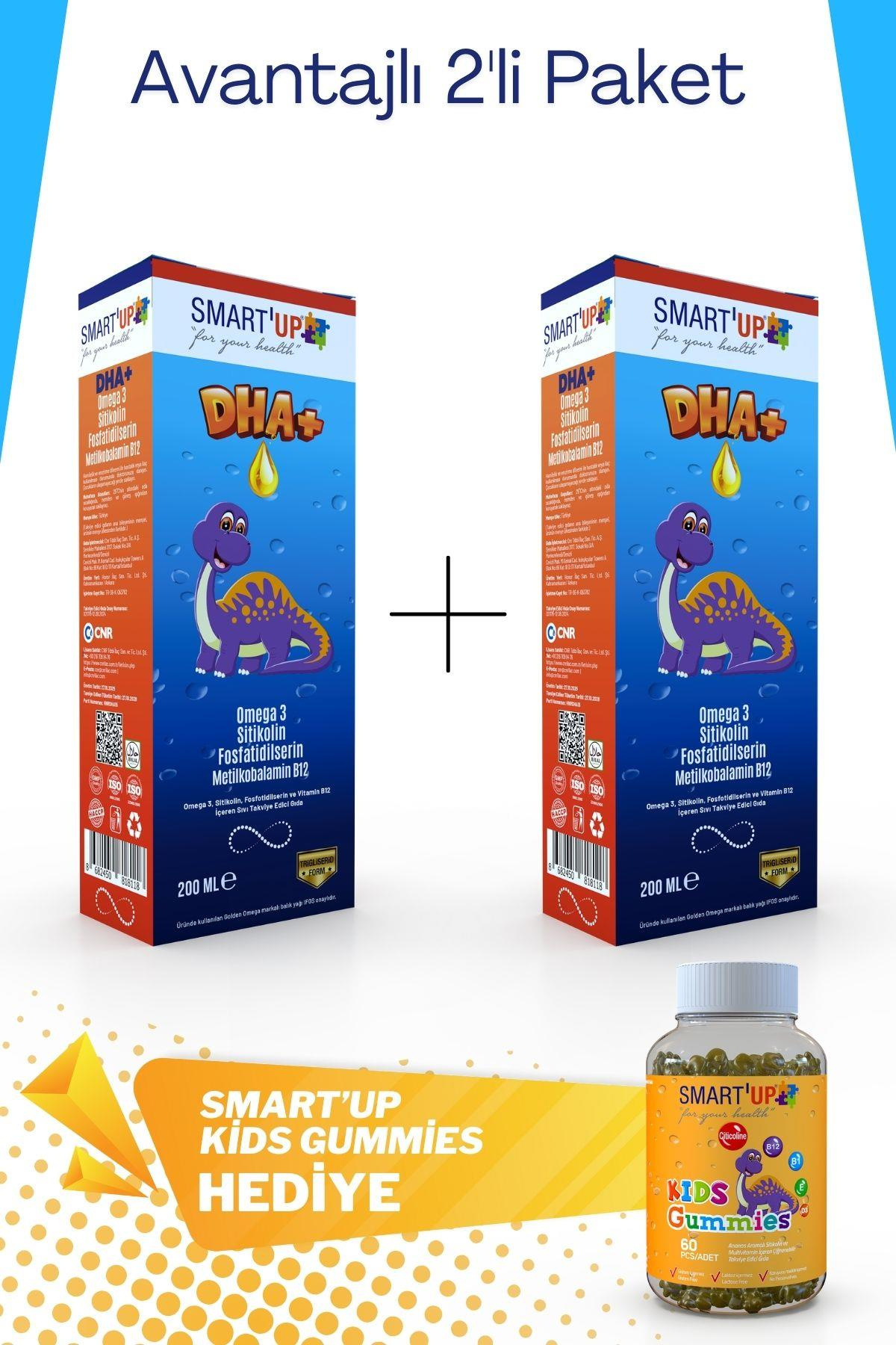 Smart'up DHA+ Omega 3 Sitikolin Fosfatidilserin B12 Şurup 2'li Paket + 60 Adet Kids Gummies Hediye