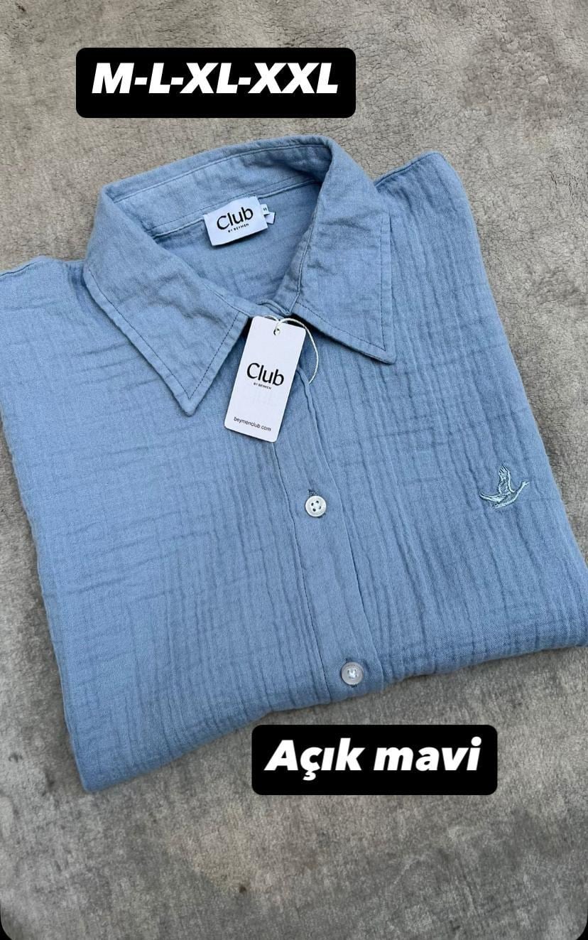 BYMN KADIN AÇIK MAVİ MUSLİN KUMAŞ KISA KOLU GÖMLEK
