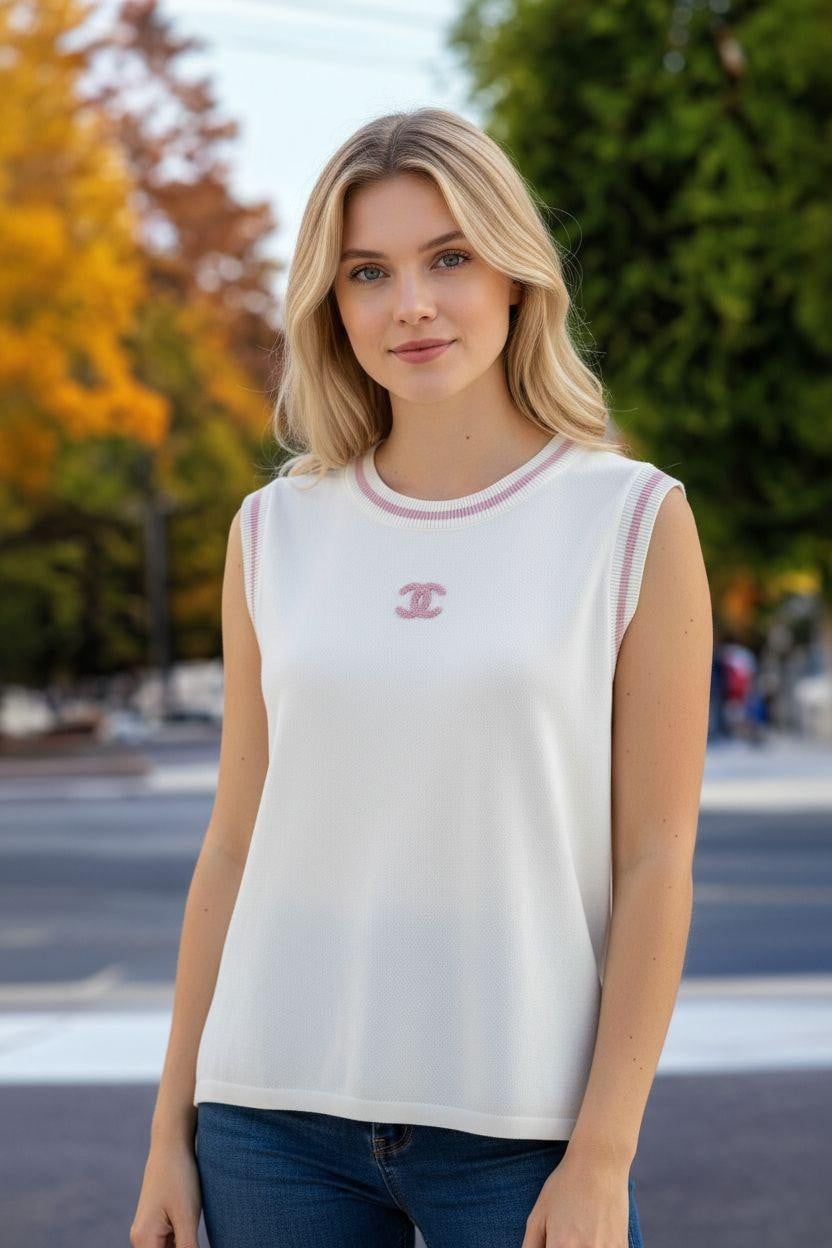 CHANEL İPEK DOKU KOLSUZ BLUZ BEYAZ