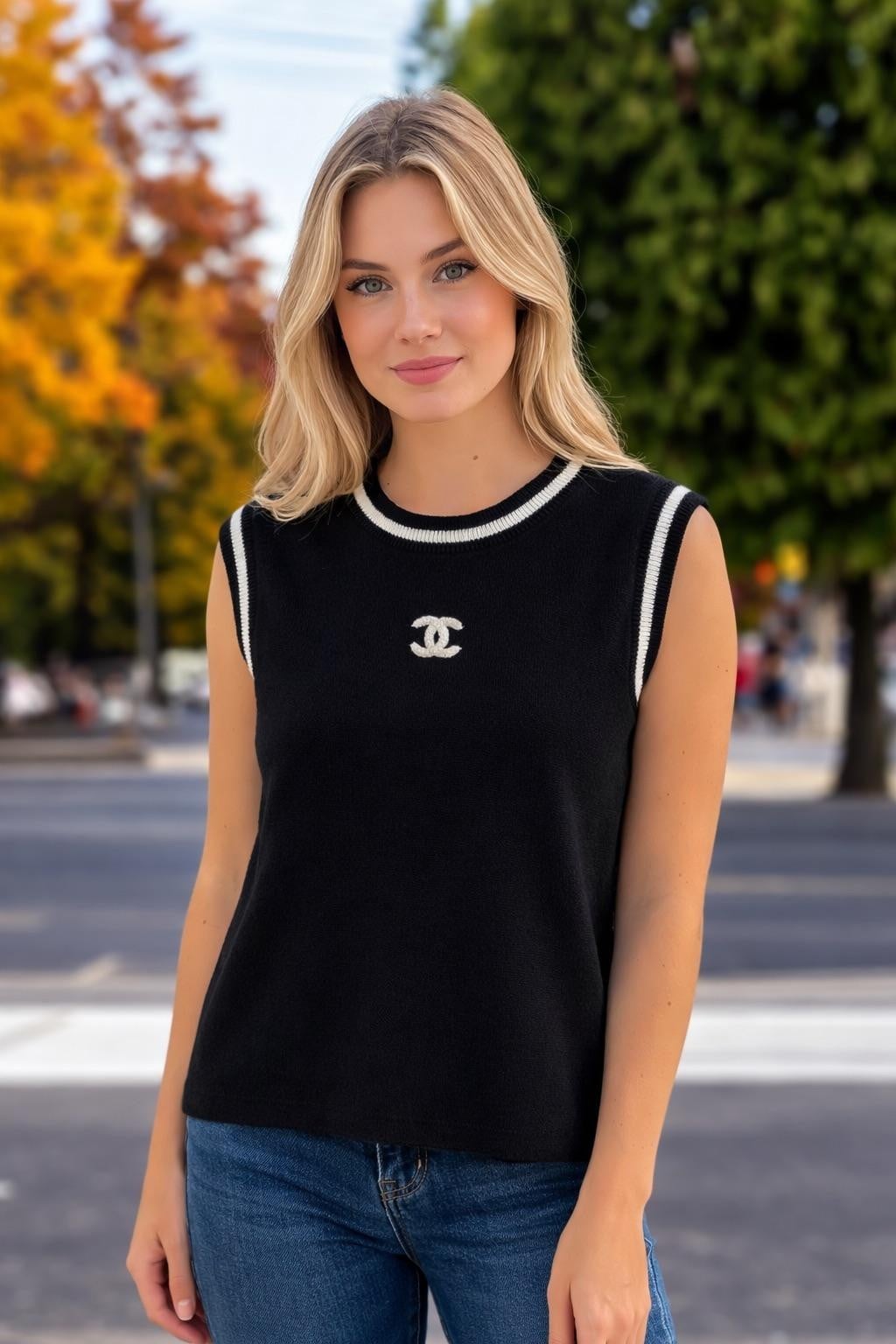 CHANEL İPEK DOKU KOLSUZ BLUZ SİYAH