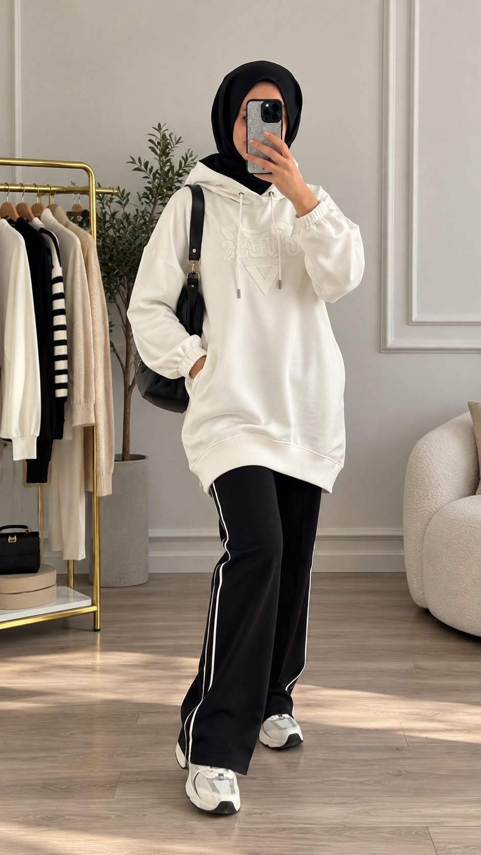 KADIN BEYAZ TAŞ DEYALI KAPÜŞONLU SWEATSHIRT 