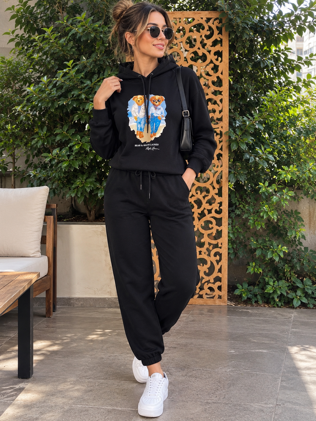 KADIN SİYAH BASKI SWEATSHIRT TAKIM 
