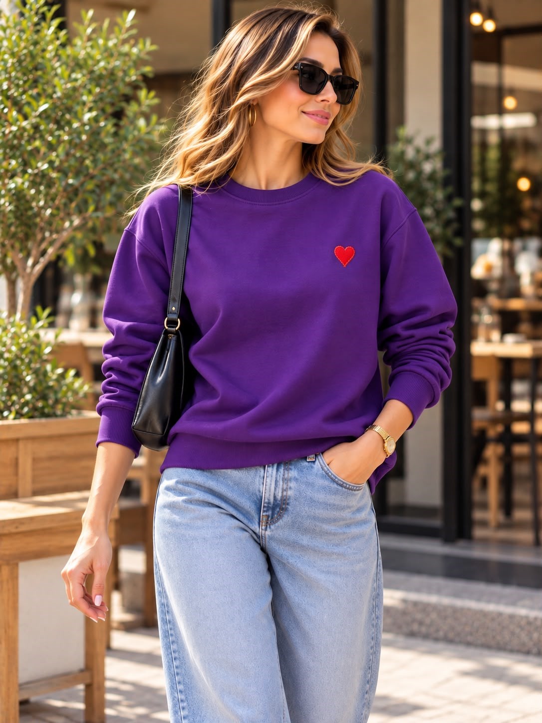 KADIN YUVARLAK YAKA  KALP NAKIŞ DETAYLI SWEATSHIRT MOR RENGİ 