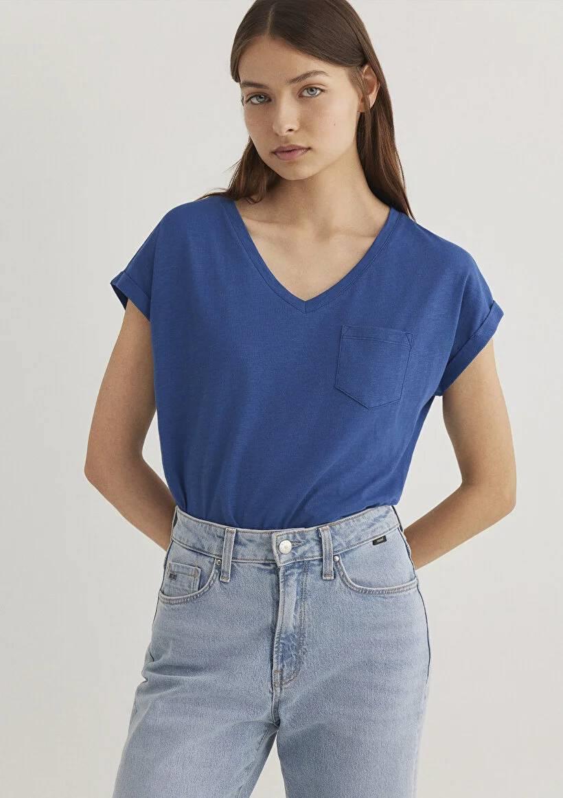 Mavi V Yaka Basıc Kadın T-Shirt M1600961-30808
