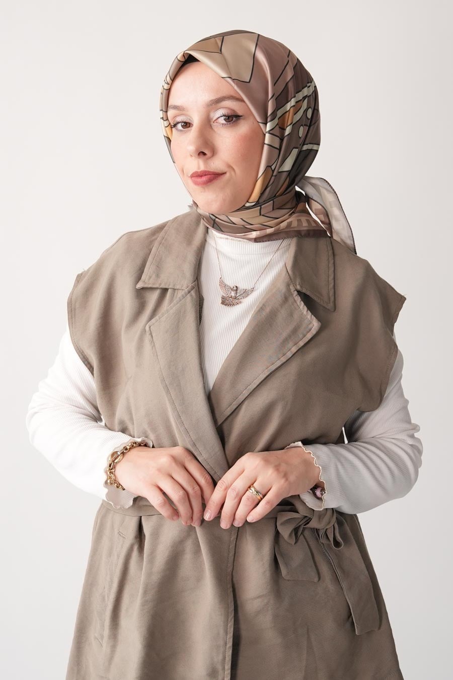 Lina Grid Desen İpeksi Rayon Eşarp Vizon