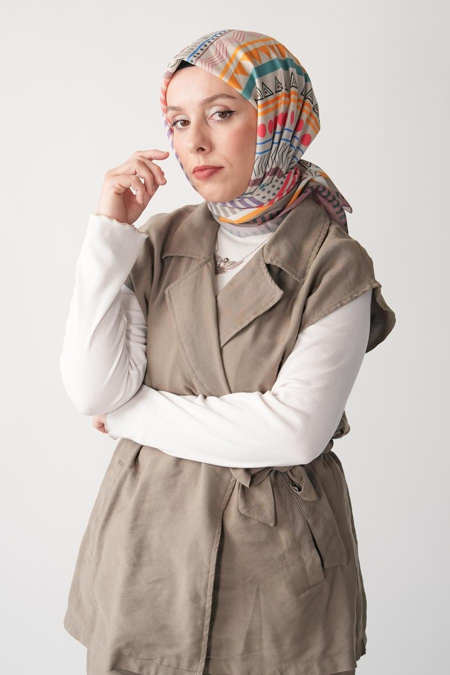 Lineer Desen Soft Eşarp Vizon