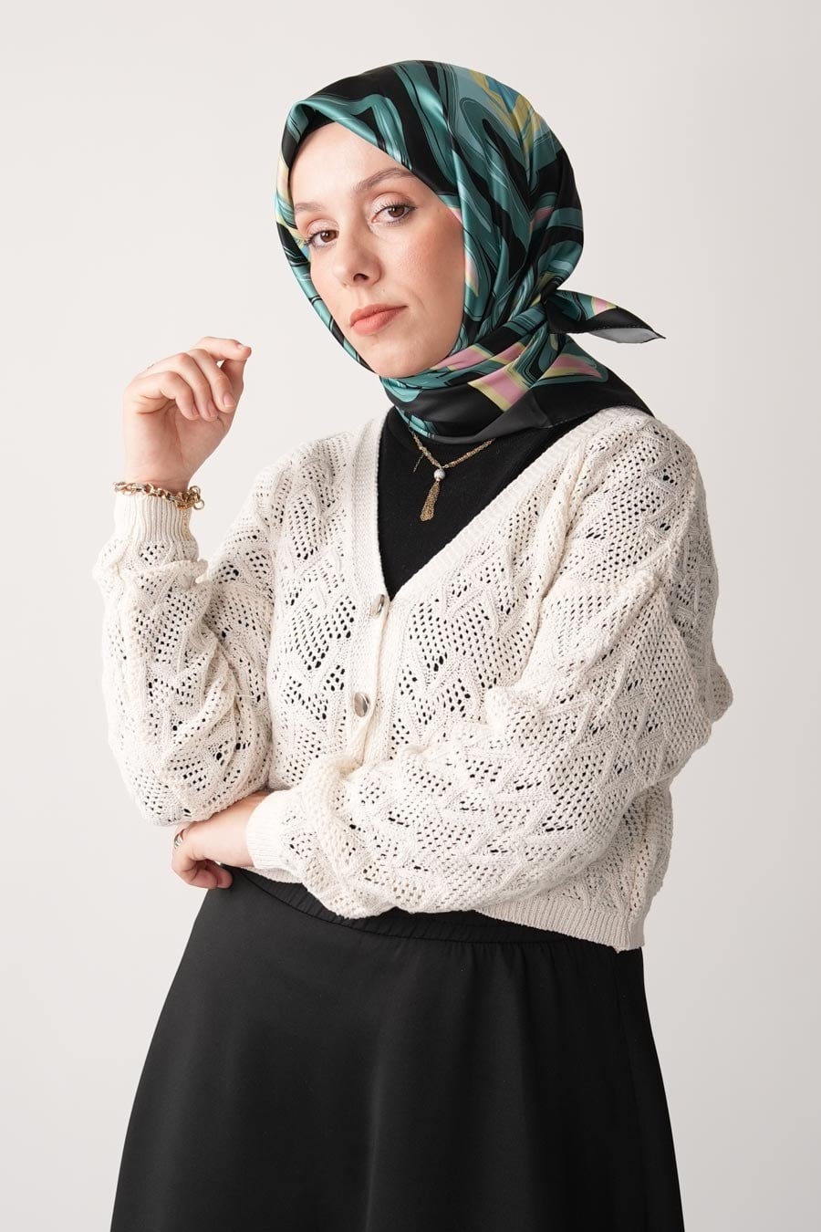 Nude Matrix Desen İpeksi Rayon Eşarp Turkuaz