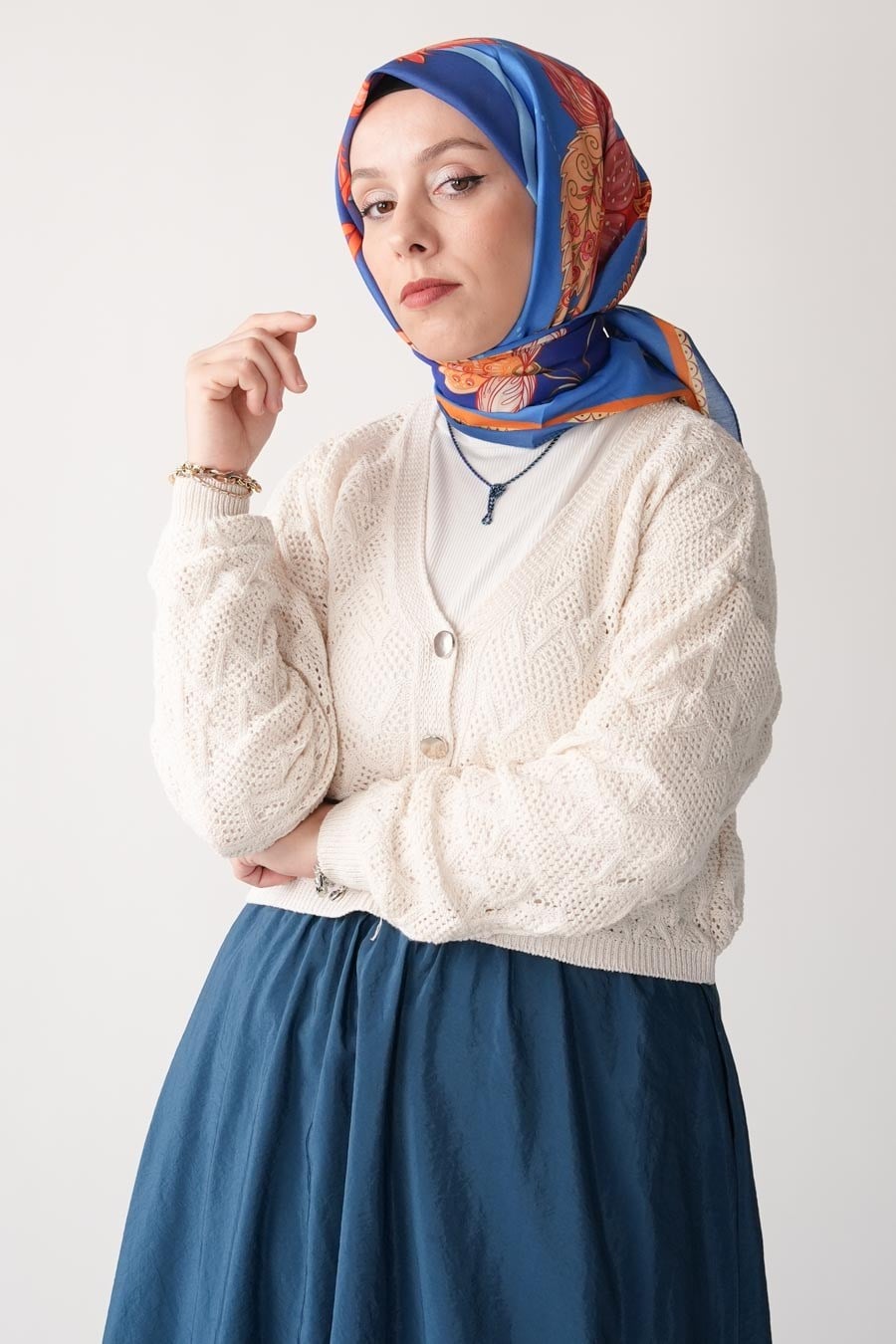 Breeze Bloom Desen Soft Eşarp Mavi