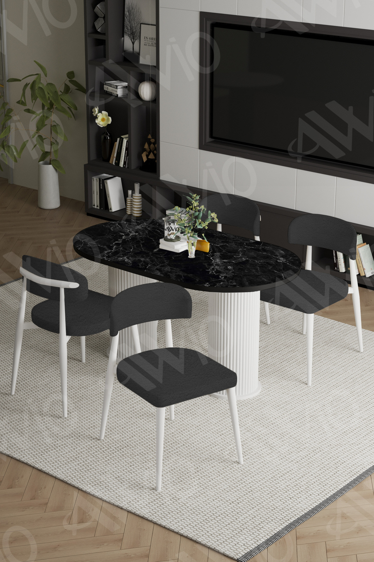 Alessa Beyaz Bohem Ayak Polo Metal Sandalye 80x140 Mutfak Masa Sandalye Takımı Siyah Mermer