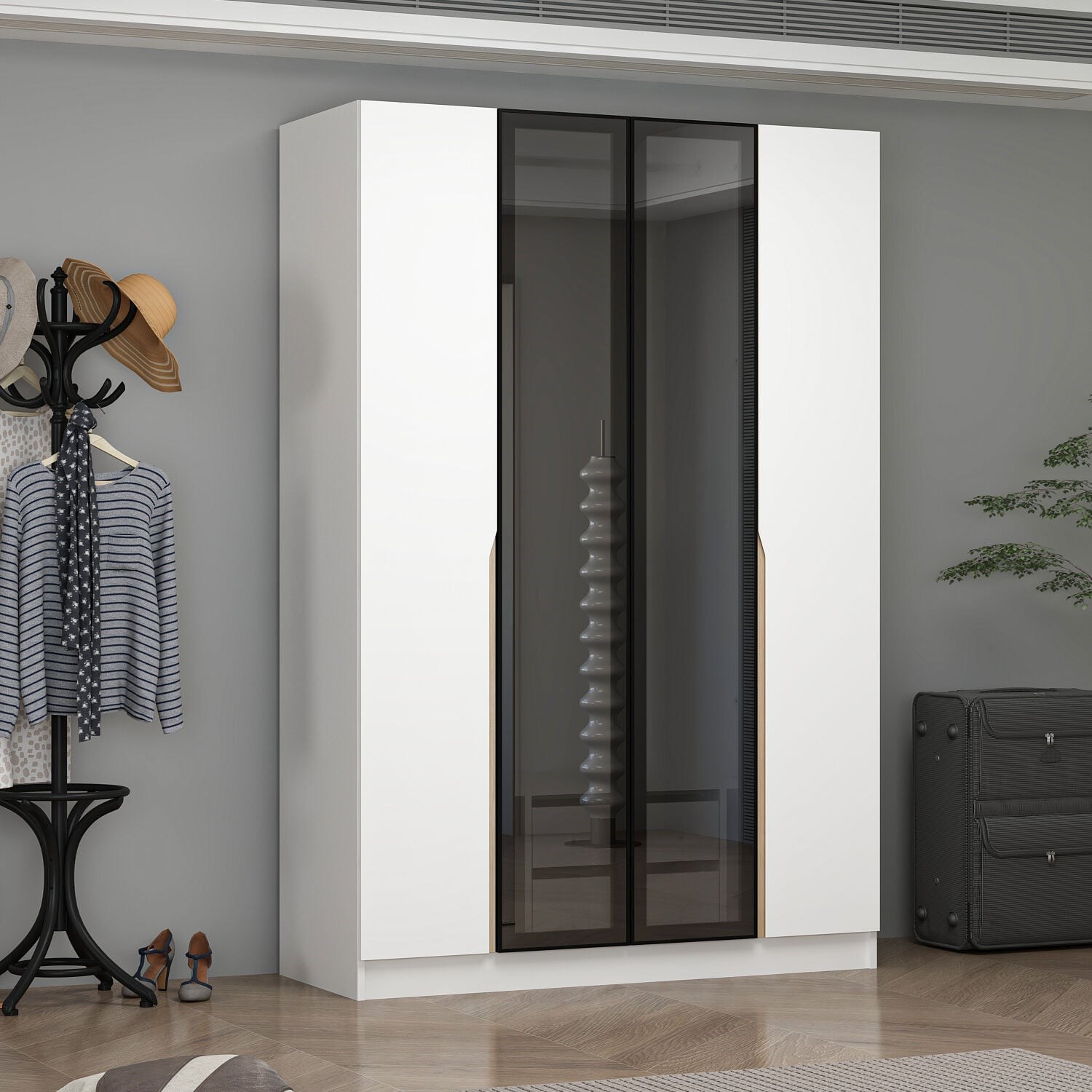 Alin 2 Gizli Çekmeceli 4 Kapaklı Beyaz Dolap (2 Reflekte Cam, 2 Beyaz Kapaklı)