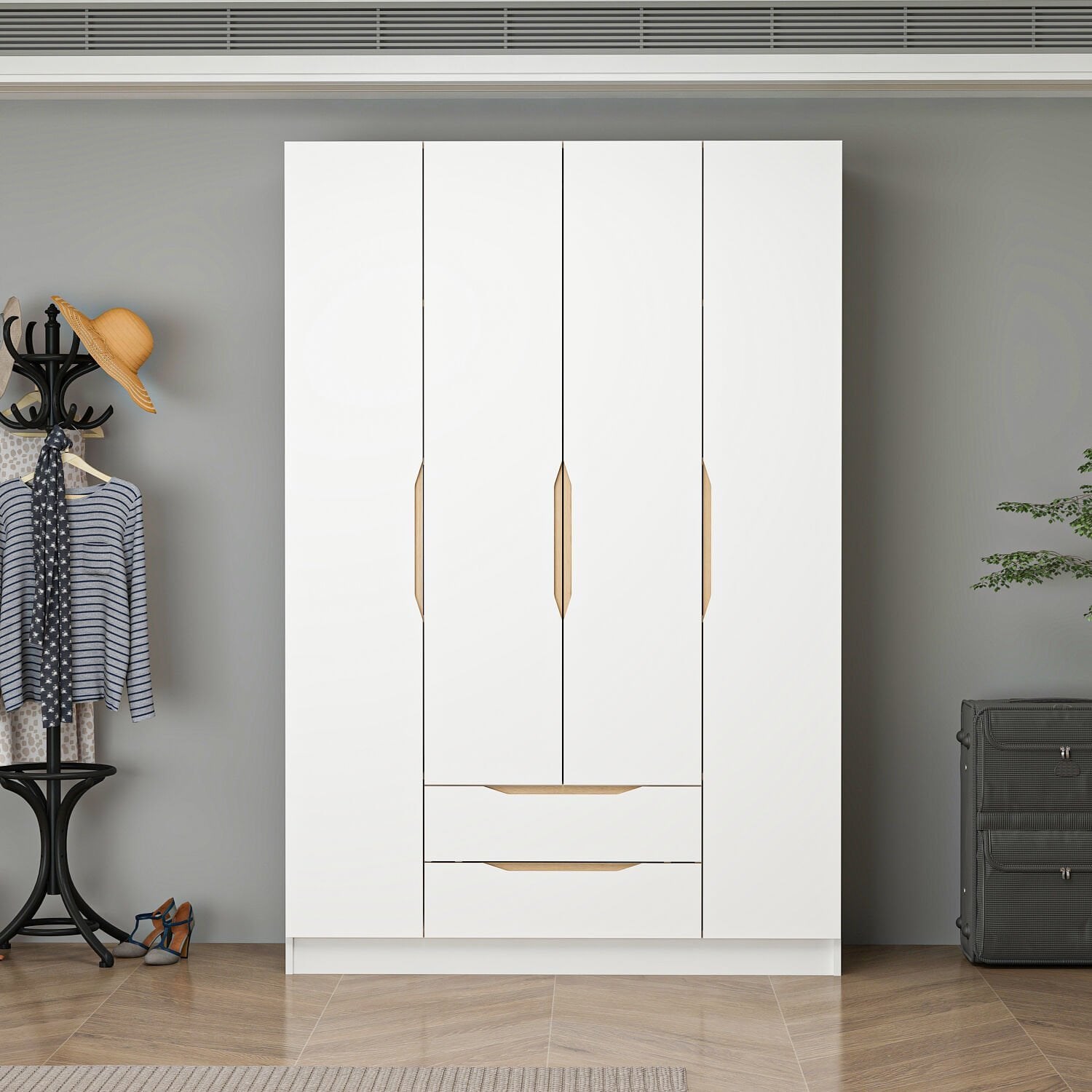 Alin 4 Kapaklı 2 Çekmeceli Gardırop - Elbise Dolabı - J Soft Kulp - Beyaz