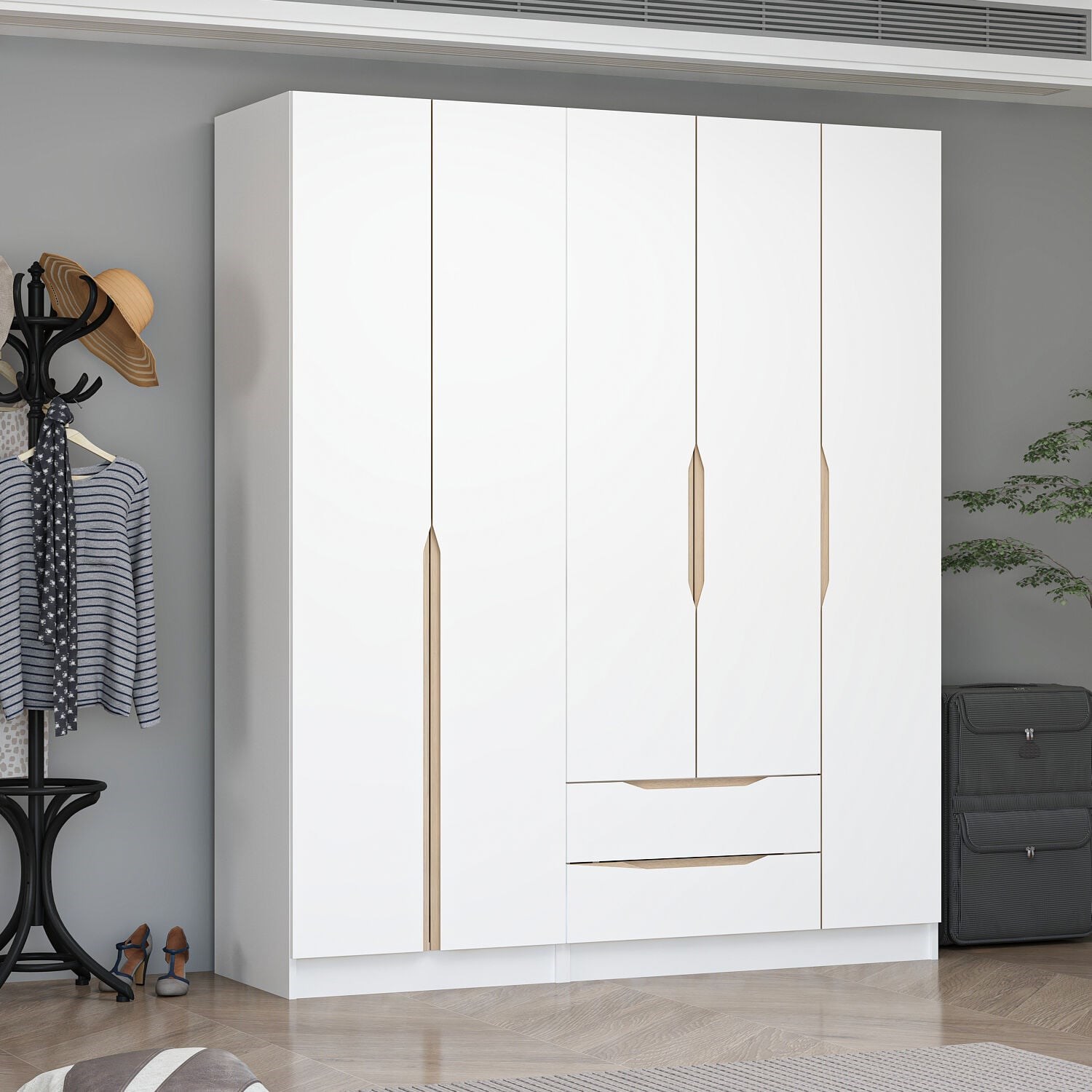 Alin 5 Kapaklı 2 Çekmeceli Gardırop - Elbise Dolabı - J Soft Kulp - Beyaz