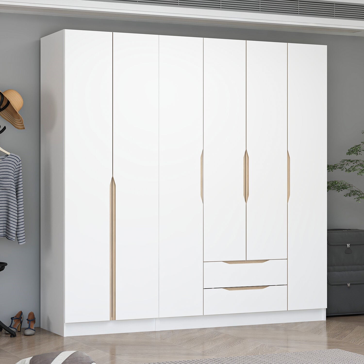 Alin 6 Kapaklı 2 Çekmeceli Gardırop - Elbise Dolabı - J Soft Kulp - Beyaz
