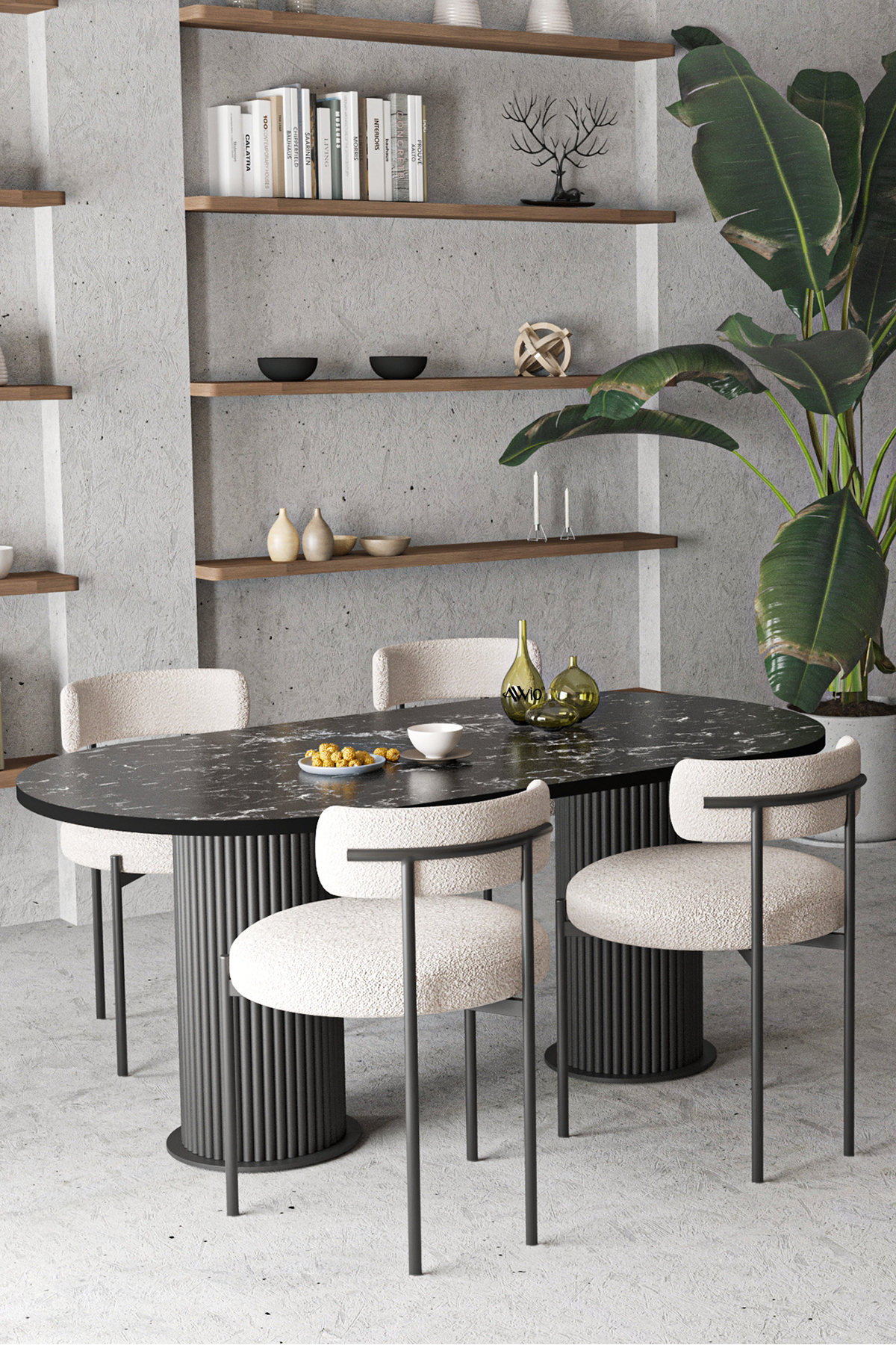 Anka Ptt Silindir Ayak 80x140 Oval Yemek Masası Mutfak Masası Masa Sandalye Takımı Siyah Mermer
