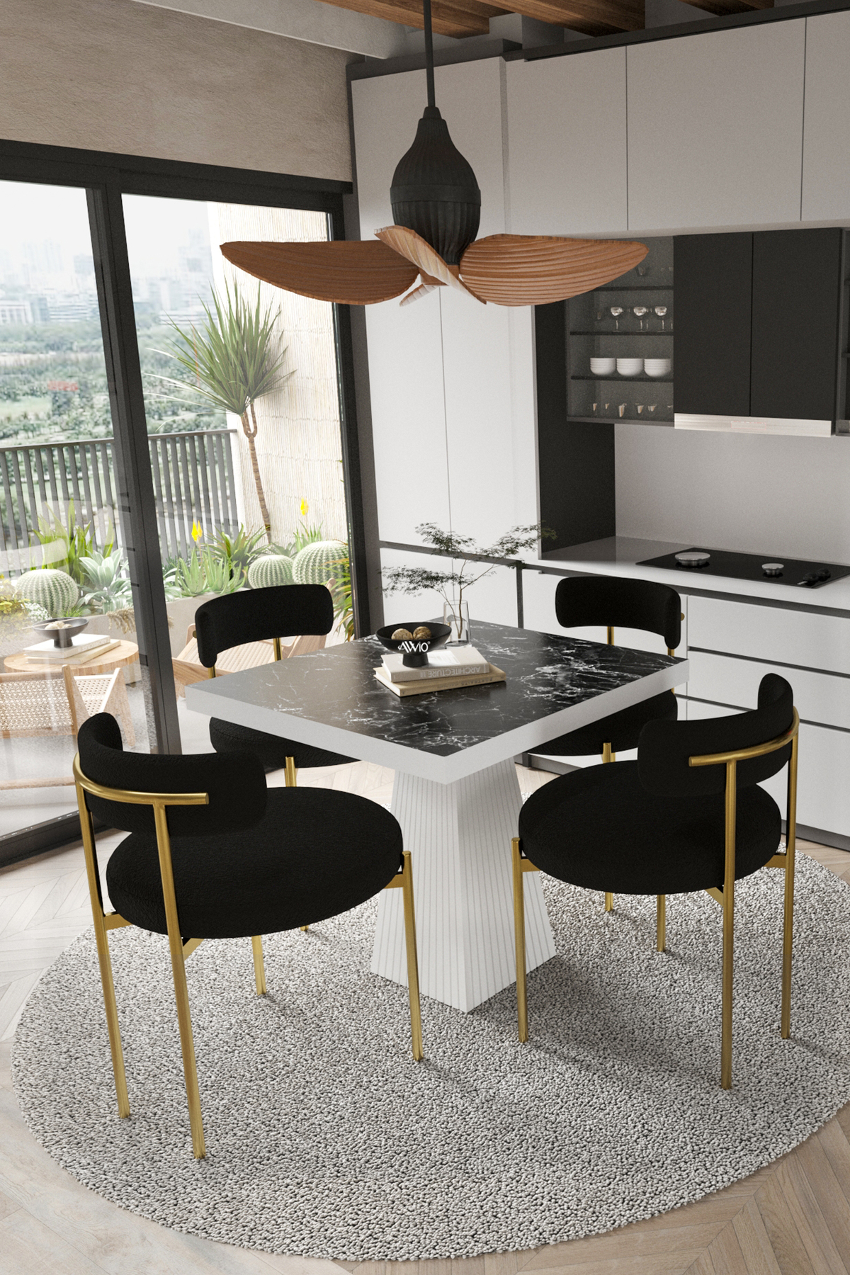 Arona Beyaz Lake MDF Ayak 90x90 Yemek Masası Mutfak Masası 4 Kişilik Masa Takımı Teddy Sandalye Siyah Mermer