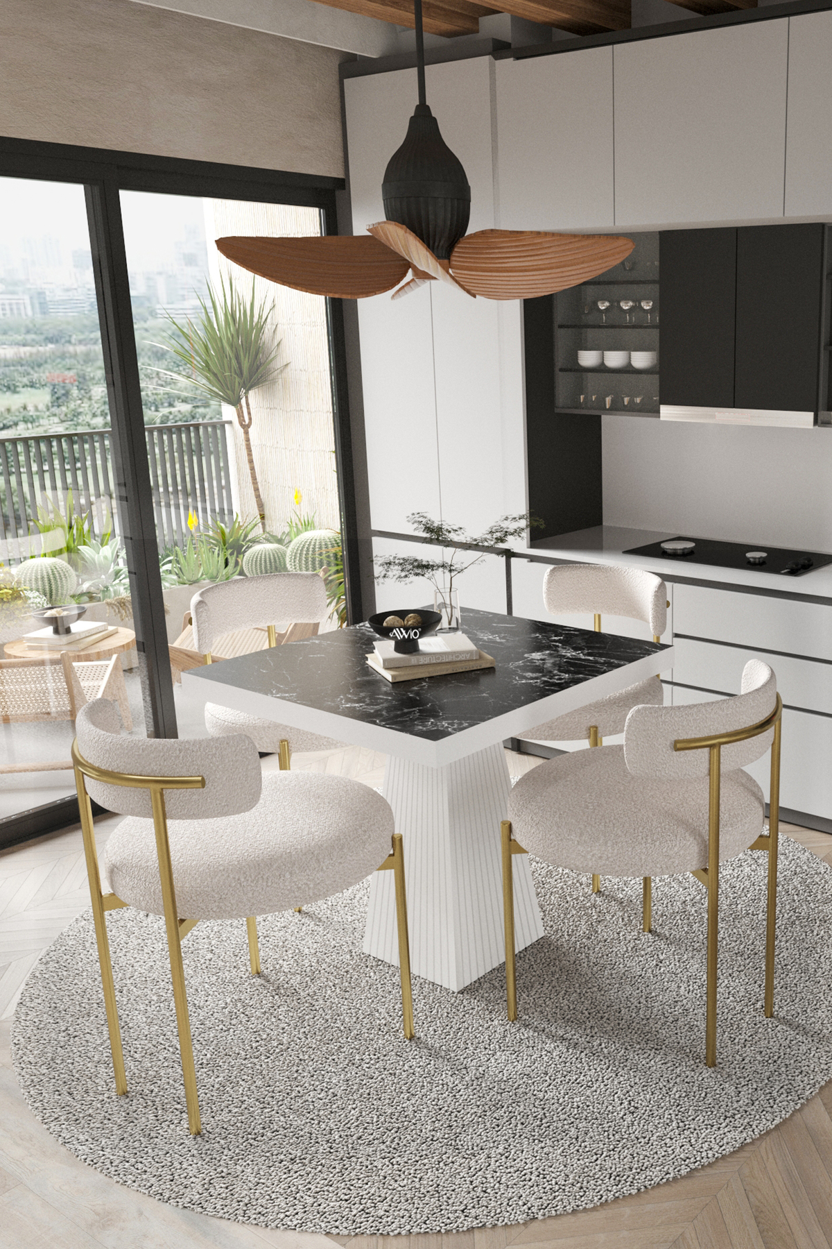 Arona Beyaz Lake MDF Ayak 90x90 Yemek Masası Mutfak Masası 4 Kişilik Masa Takımı Teddy Sandalye Siyah Mermer