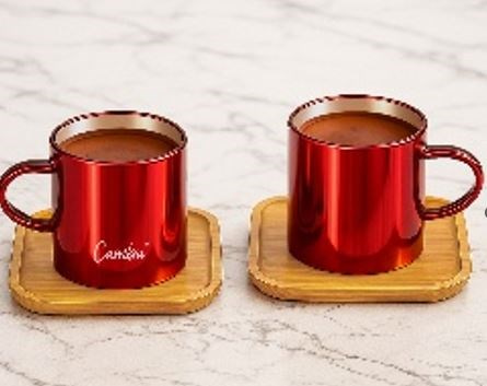 Bambu Tabakli Cam Fincan Seti 4 Parca Kirmizi