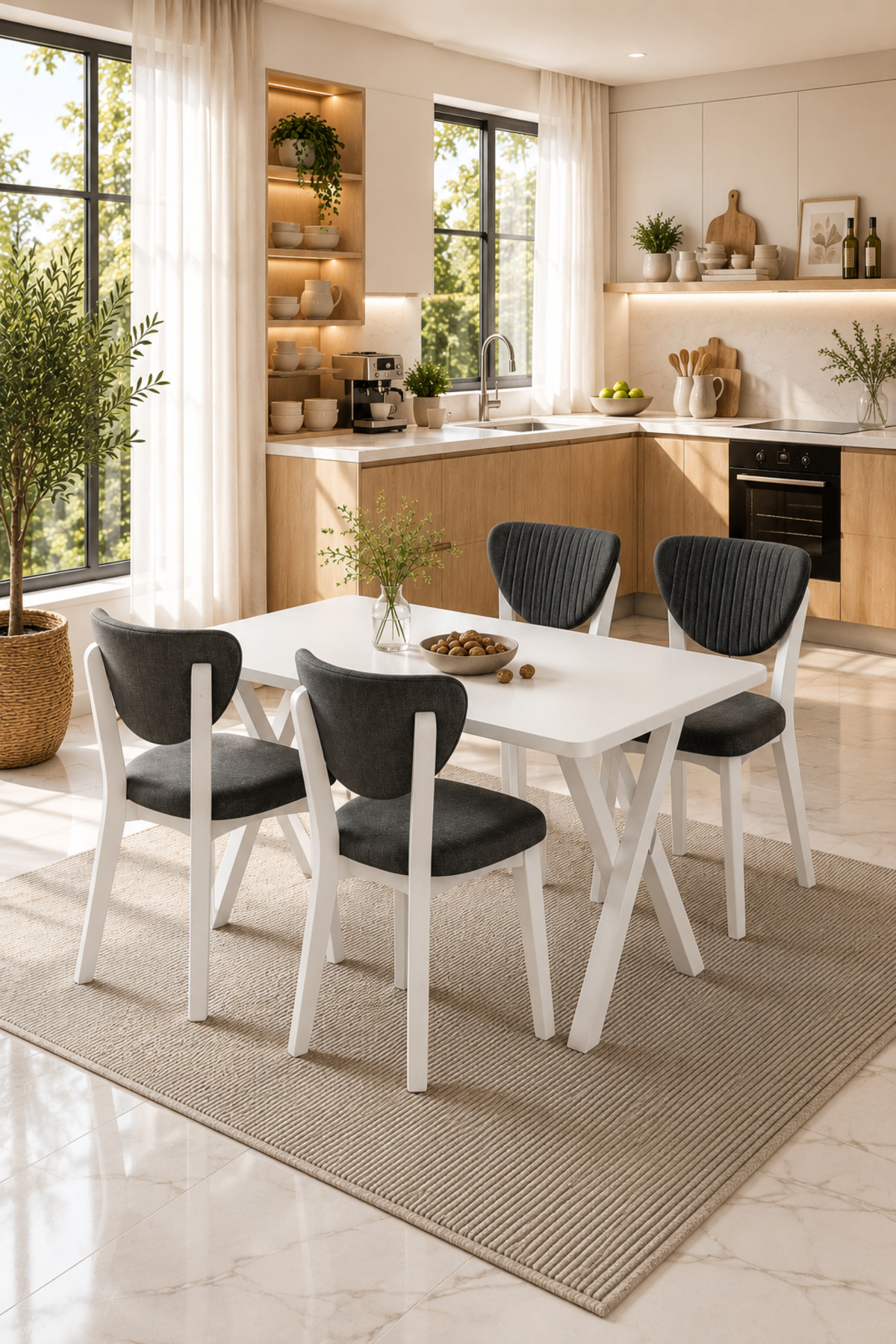 Beyaz Elma Sandalye 80x120 Yemek Masası Mutfak Masası 4 Kişilik Masa Sandalye Takımı Beyaz