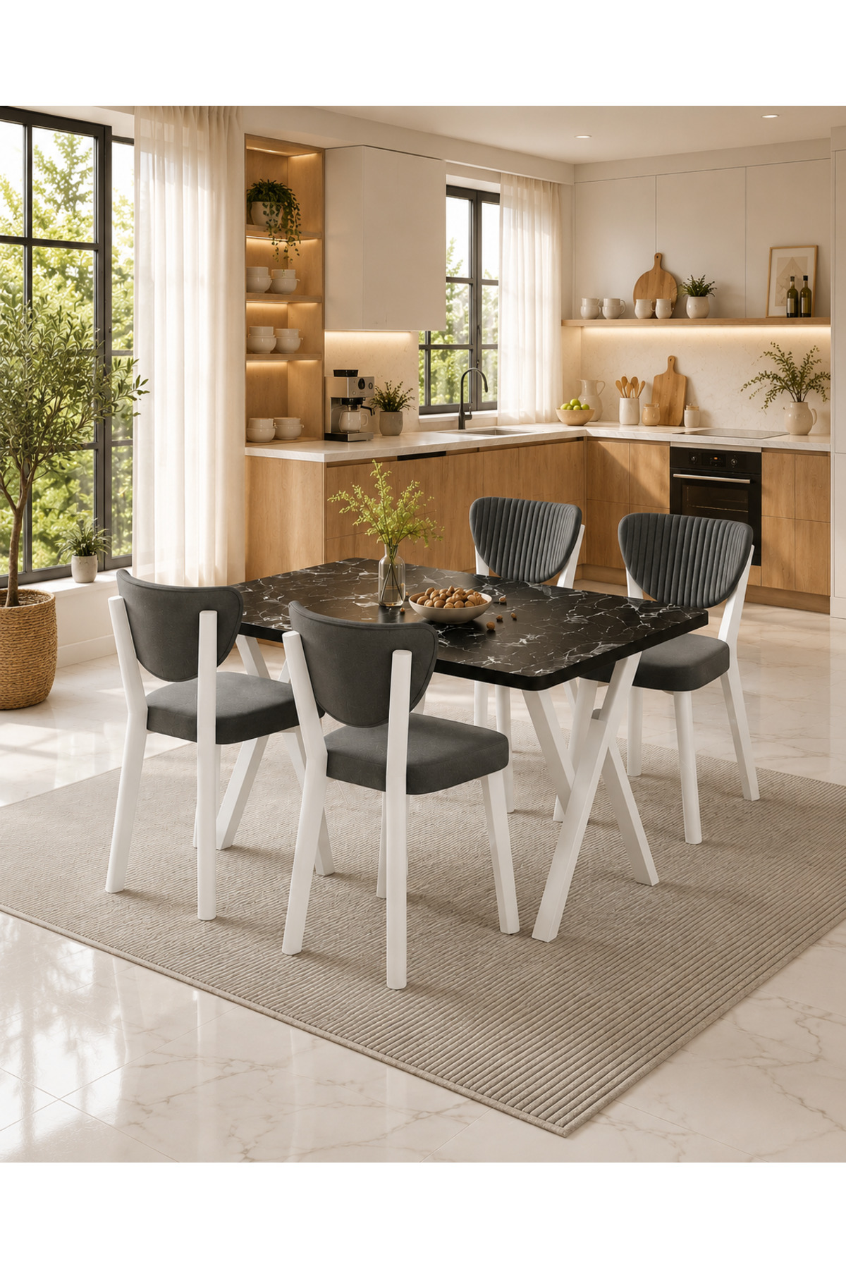 Beyaz Elma Sandalye 80x120 Yemek Masası Mutfak Masası 4 Kişilik Masa Sandalye Takımı Siyah Mermer