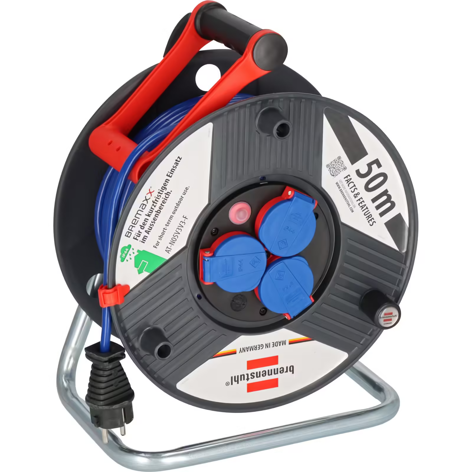 Brennenstuhl Garant Serisi IP44 Lisanslı 3 Soketli 290 mm 50 Metre AT-N05V3V3-F 3G1.5 Makaralı Kablo Mavi