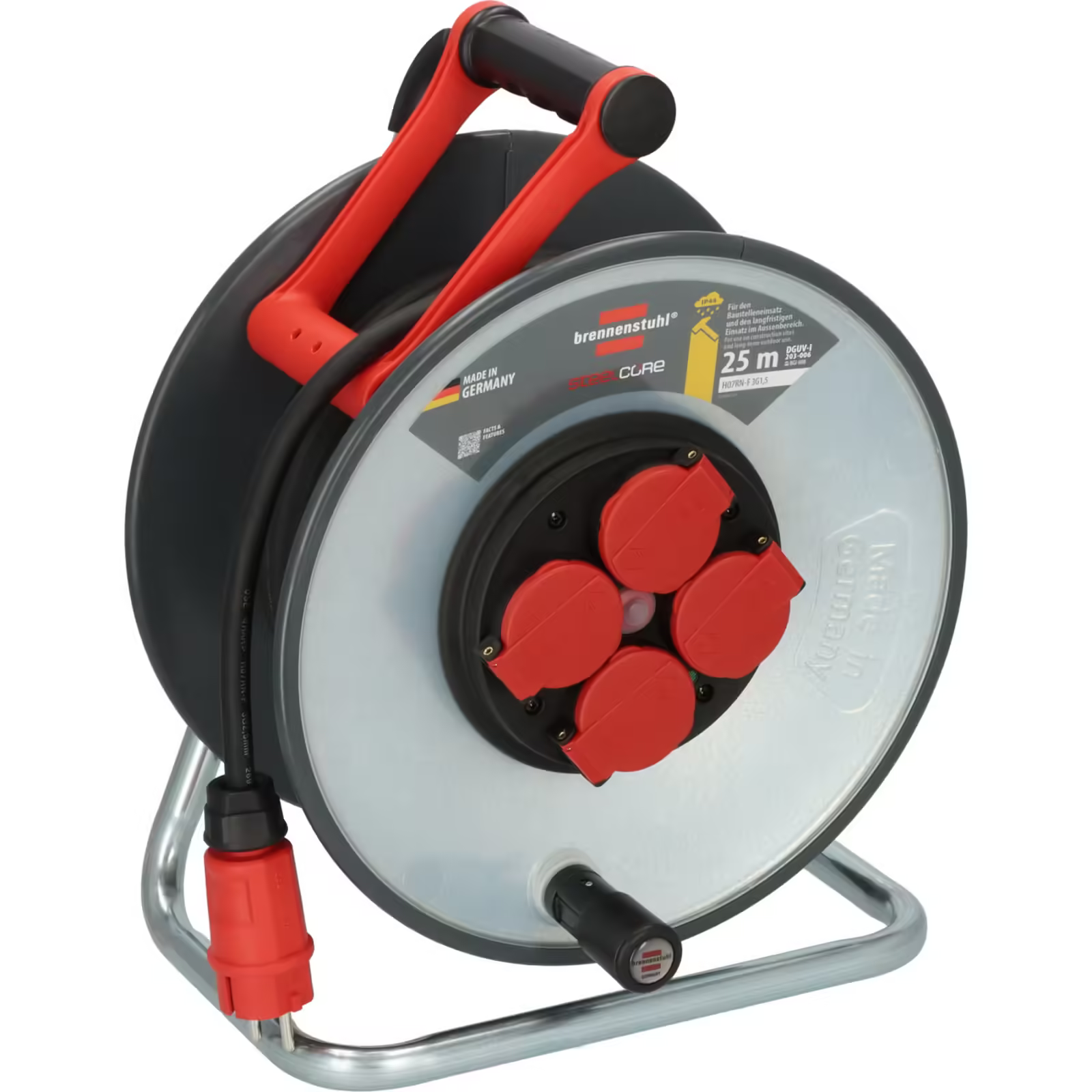 Brennenstuhl Profesyonel SteelCore Serisi 4 Soketli 25 Metre IP44 Lisanslı Şantiye ve Dış Mekan Kullanımı İçin -25 Dereceye Kadar Dayanıklı H07RN-F 3G2.5 Kablo Makarası