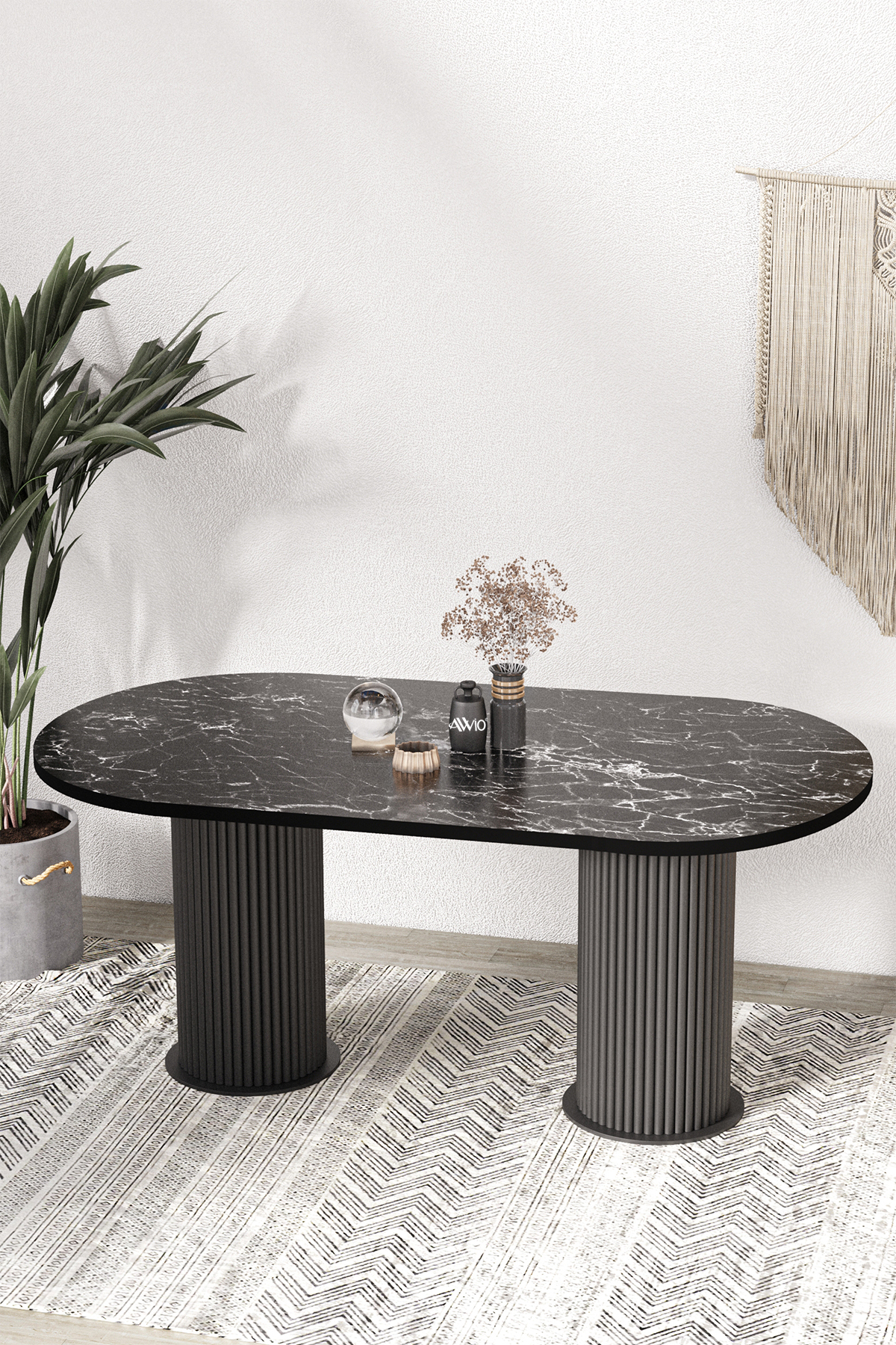 Brita Ptt Lake MDF Beyaz Ayaklı 80x180 Mutfak Masası Yemek Masası Siyah Mermer