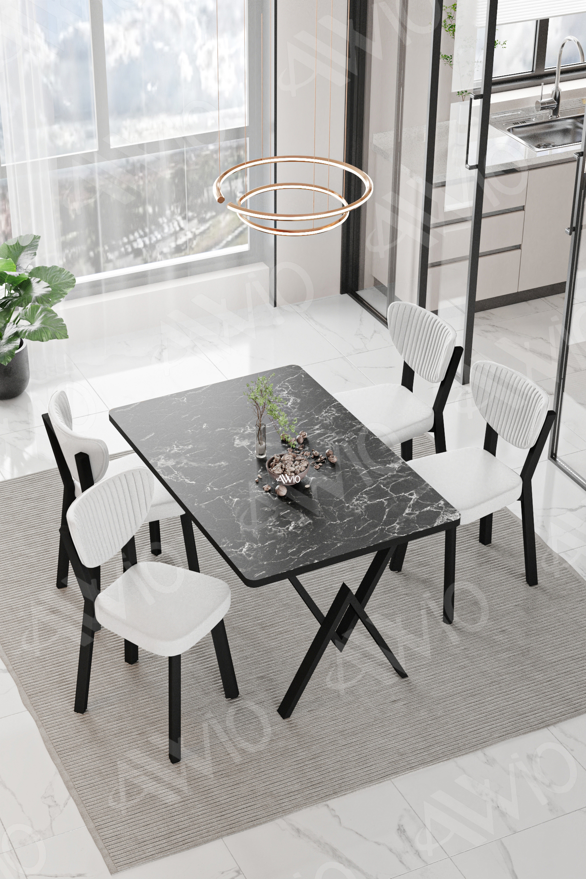Carla Elma Sandalye 80x120 Yemek Masası Mutfak Masası 4 Kişilik Masa Sandalye Takım Siyah Mermer