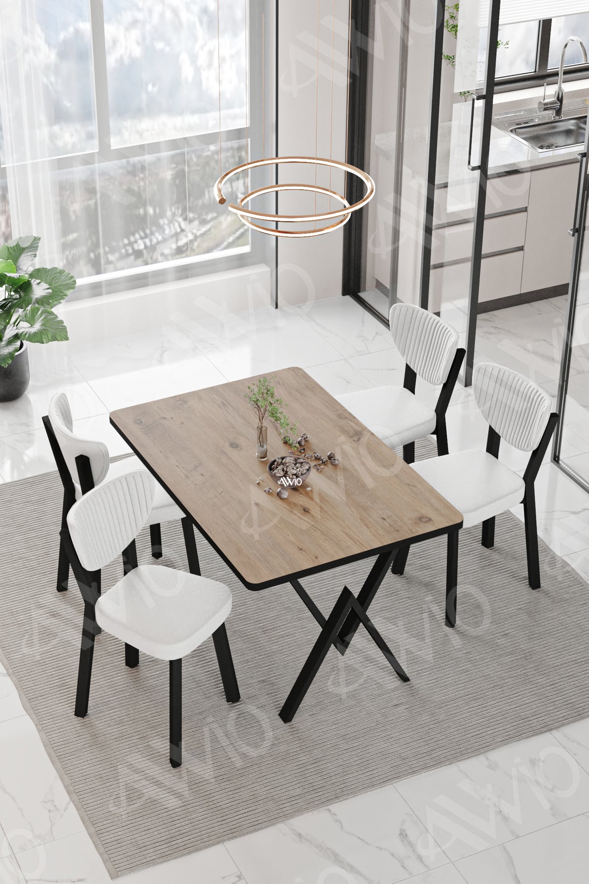 Carla Elma Sandalye 80x120 Yemek Masası Mutfak Masası 4 Kişilik Masa Sandalye Takım Akça