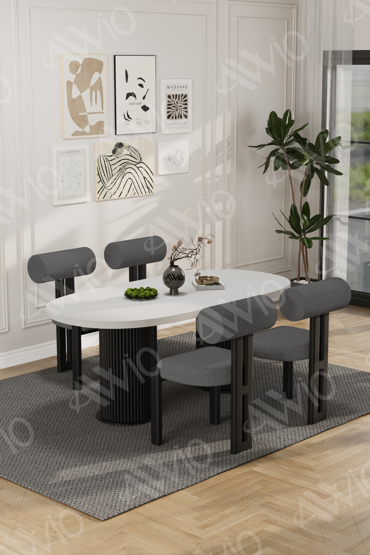 Cydney Serisi Bohem Ayak 4'lü Metal Pofi Demonte Sandalye 80x140 Masa Sandalye Takımı Beyaz Masa Sandalye Siyah Kumaş Gri