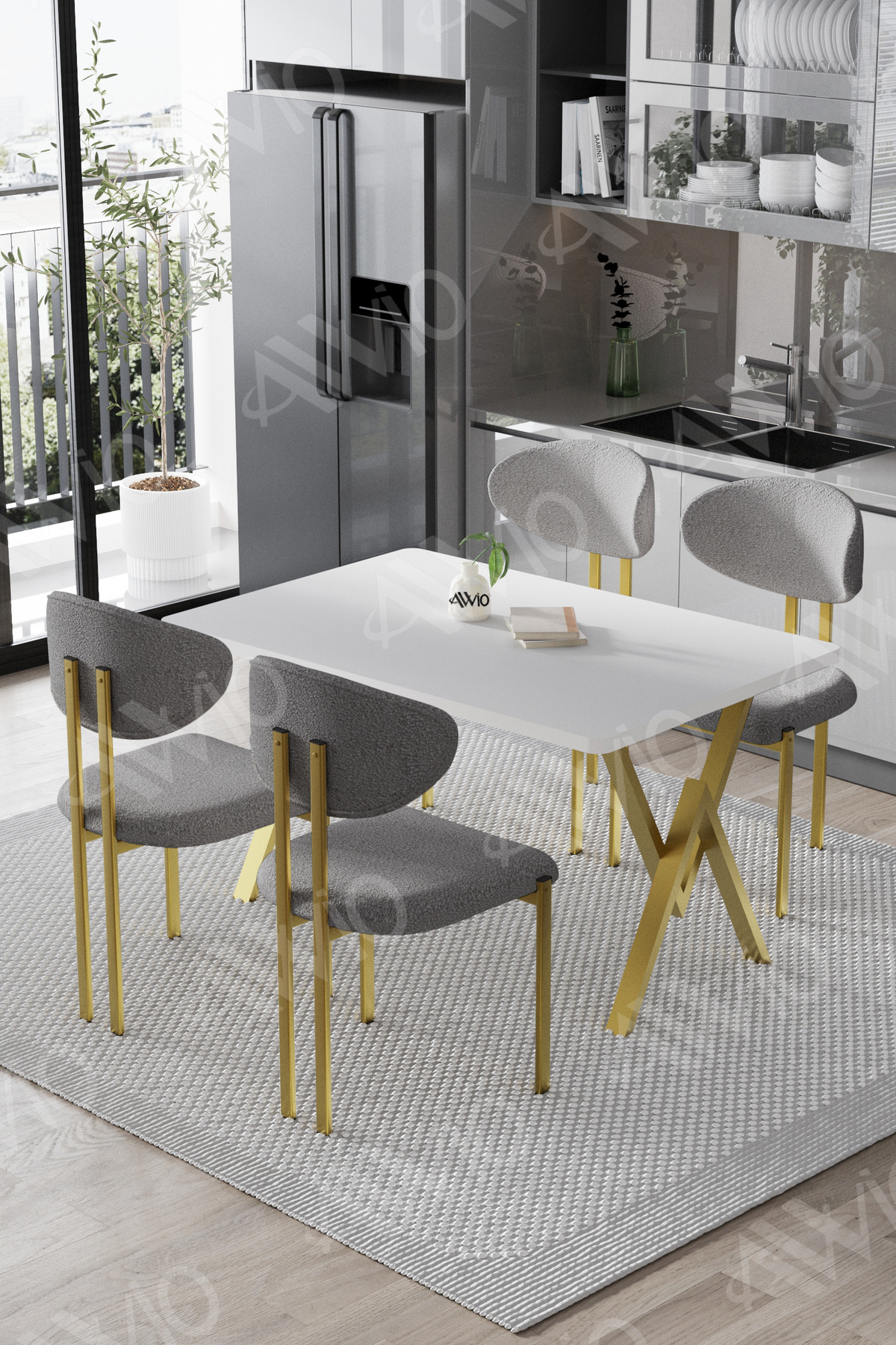 Dante Mat Gold Lotus Sandalye 80x120 Yemek Masası Mutfak Masası 4 Kişilik Masa Sandalye Takımı Beyaz Masa Sandalye Mat Gold Gri