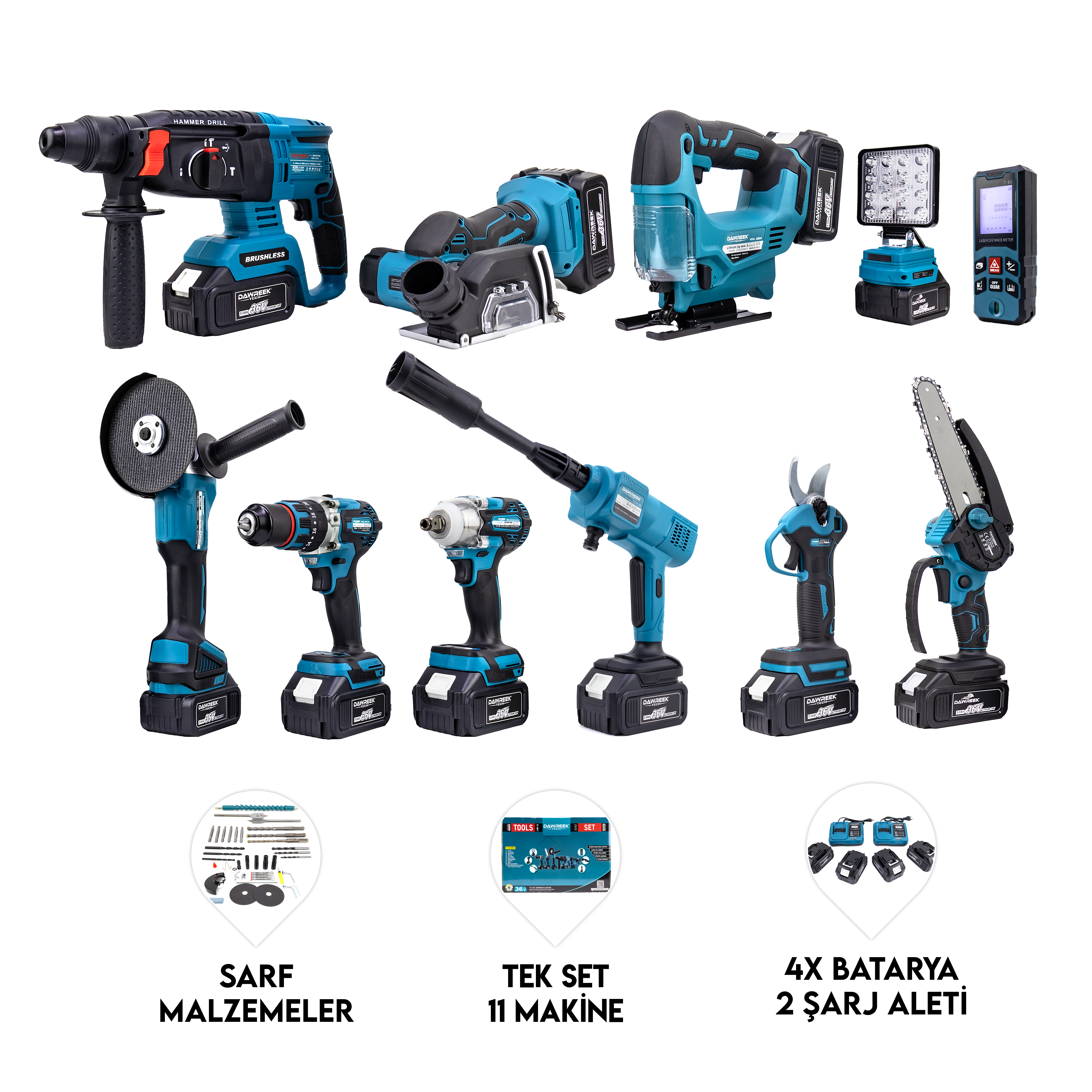 Dawreek ONBİRLİ SET (Led Işık+Ş.HİLTİ+Ş.SPRAL+S.SIKMA+13MM MATKAP+Ş.TESTERE+BAĞ MAKASI+Ş.Dekupaj+Lazer Metre+Oto Yıkama+Çok Fonksiyonlu Avuç Taşlama) (BT0192)