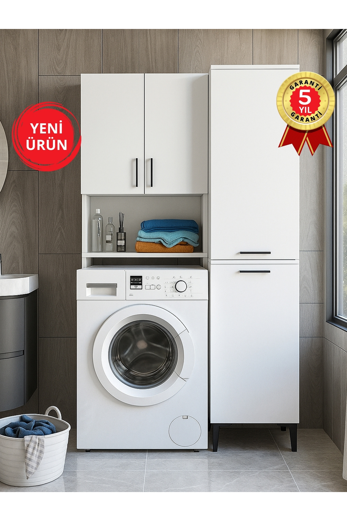 Dekorister 2 Kapaklı Çamaşır Makinesi Dolabı, Kirli Sepetli Çok Amaçlı Dolap - Mutfak & Banyo Dolabı Beyaz | Brillon & Singa