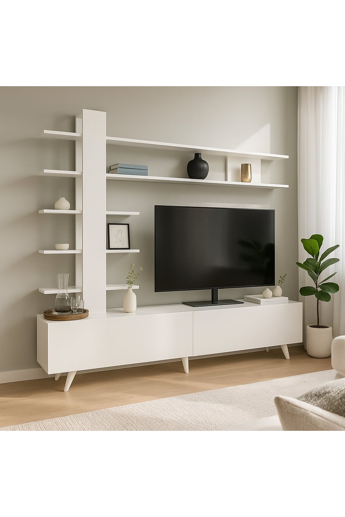 Dekorister Aleyna Duvar Raflı Kitaplıklı Tv Ünitesi Beyaz