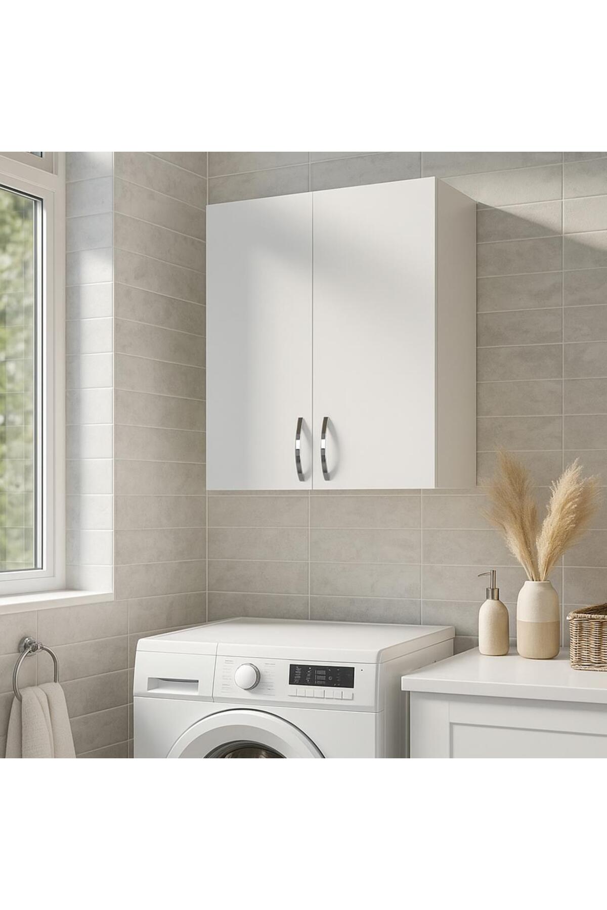 Dekorister Benito Beyaz Çamaşır Makinesi Üstü Dolap / Çok Amaçlı Beyaz Kiler ve Banyo Dolabı