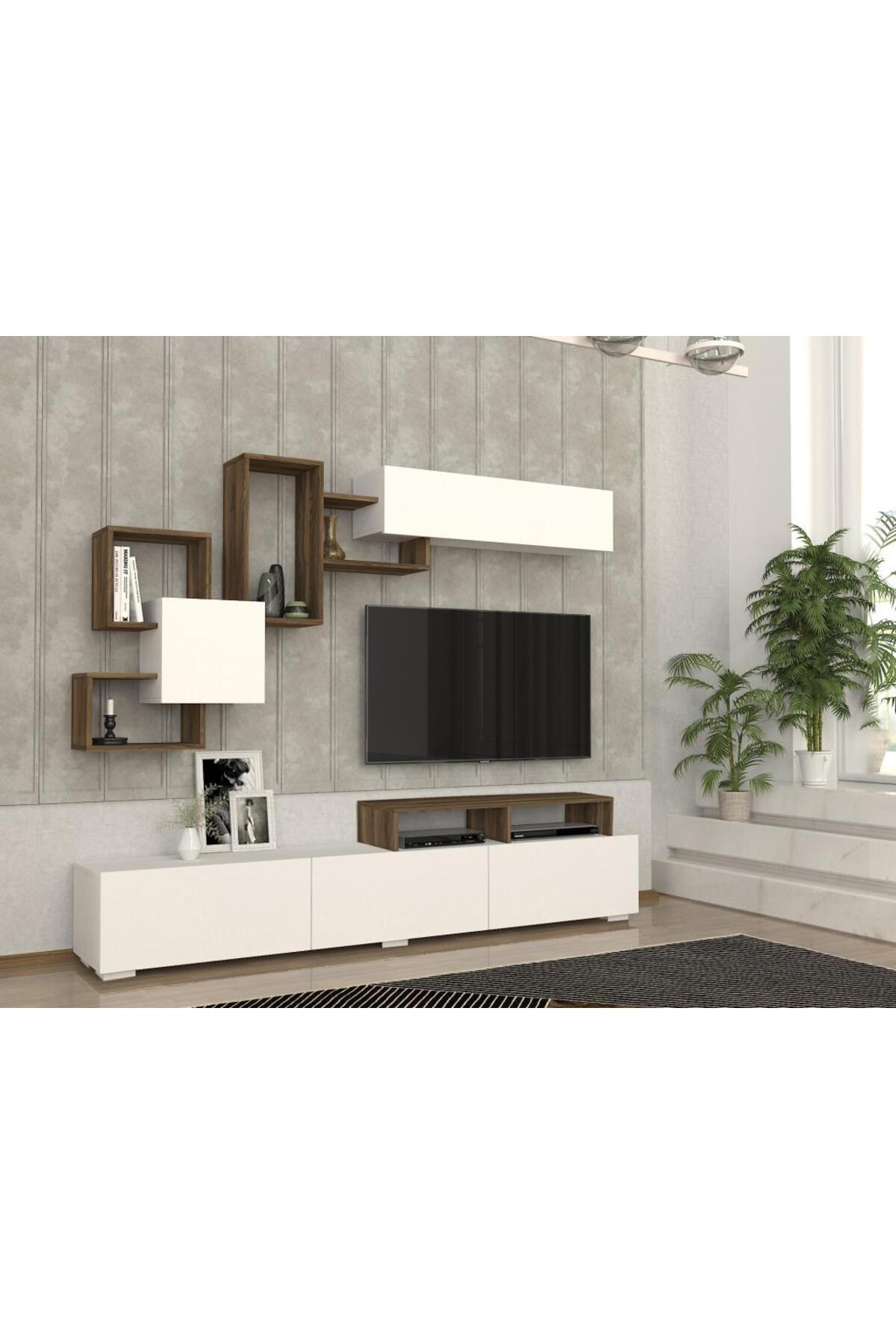 Dekorister Elit Beyaz Ceviz TV Ünitesi / Modern Kapaklı ve Duvar Raflı TV Sehpası
