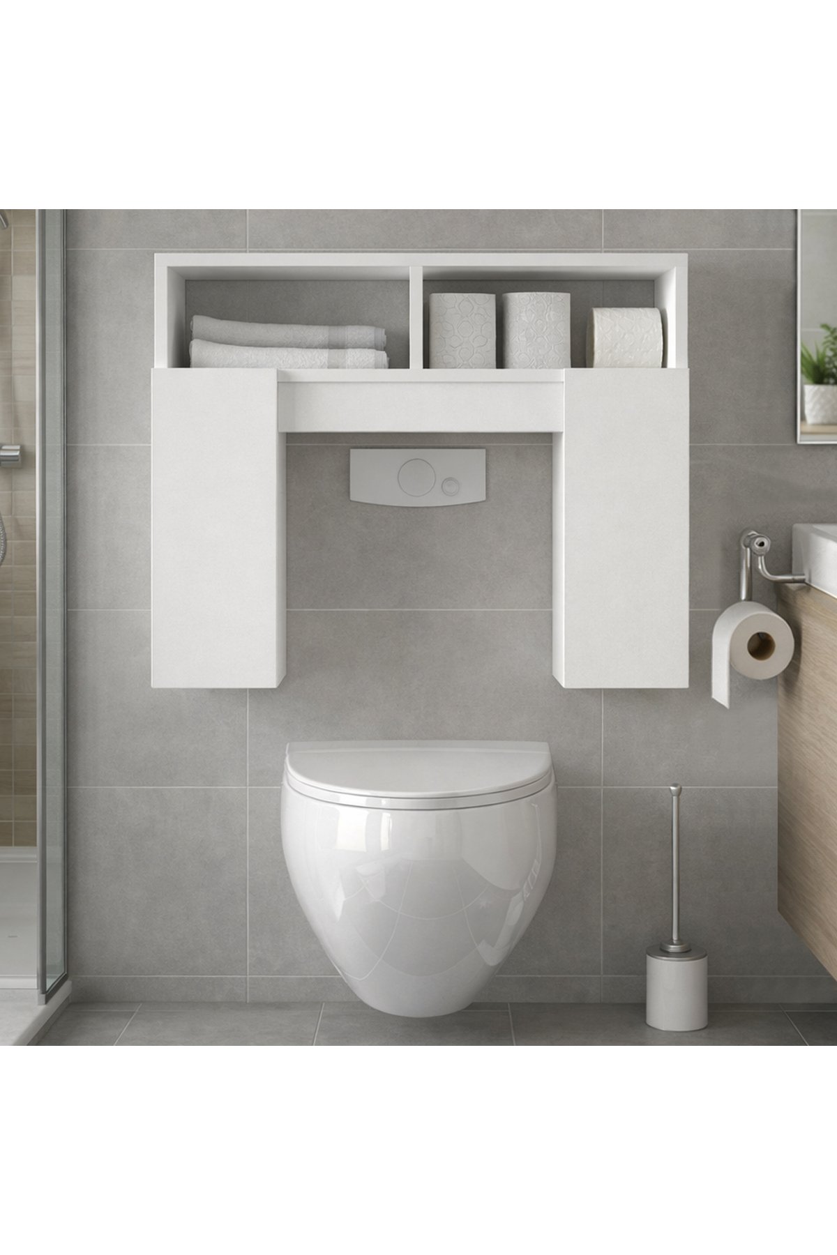 Dekorister Geronimo Beyaz Klozet Üstü Dolap - Kapaklı Raflı Çok Amaçlı Banyo Düzenleyici