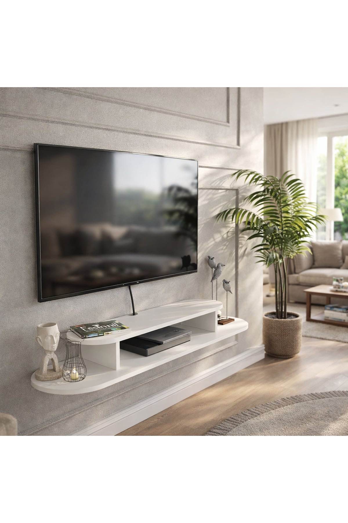 Dekorister Koza Duvara Monte Tv Sehpası 120 cm – Beyaz Modern ve Minimalist TV Ünitesi