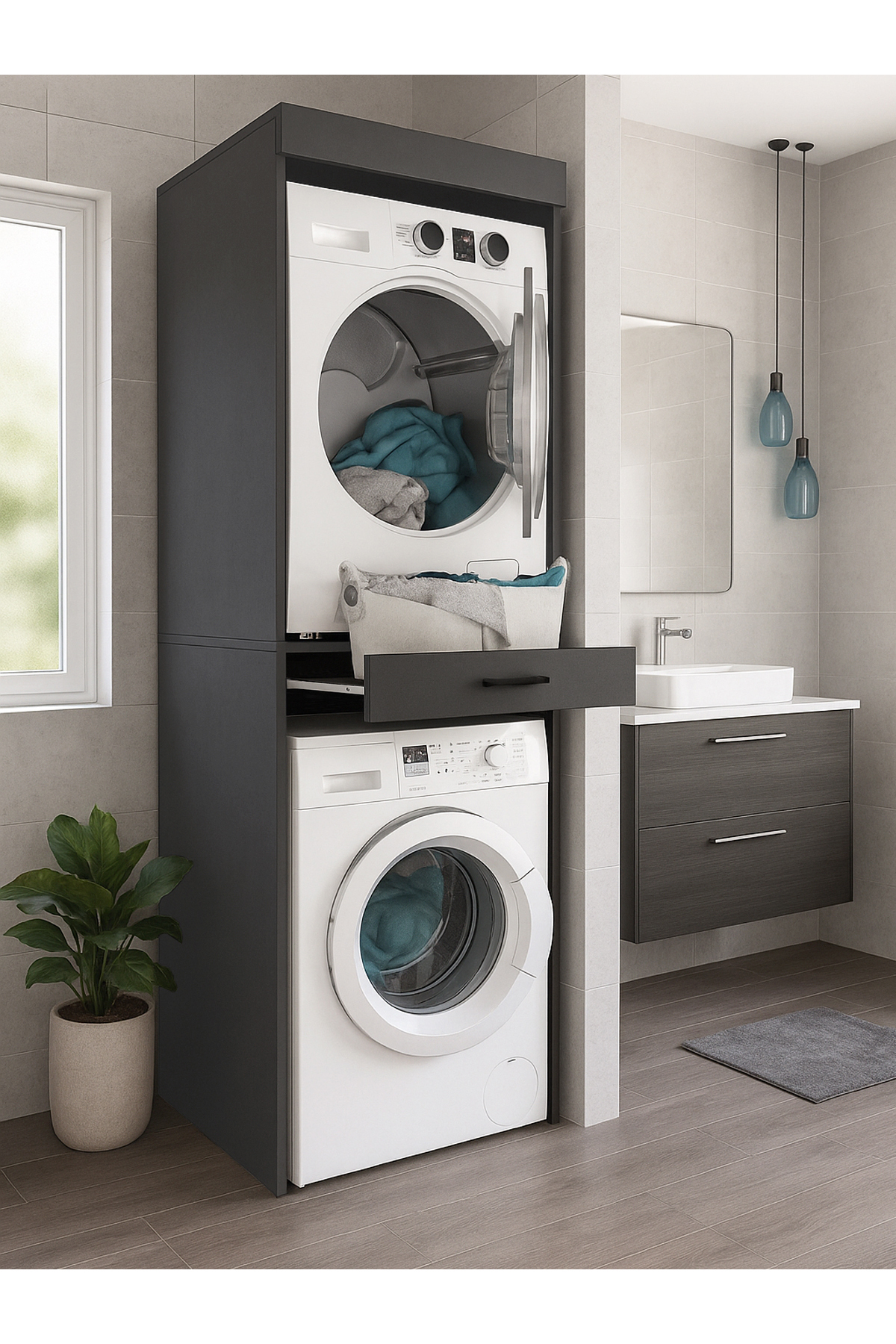 Dekorister Kurutma ve Çamaşır Makinesi Dolabı Çok Amaçlı Dolap Banyo Dolabı Antrasit | Fika