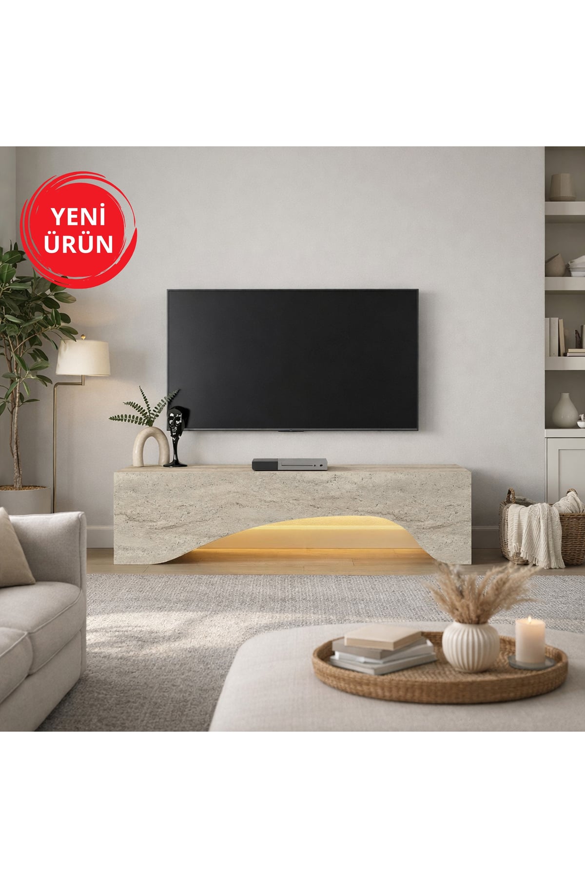 Dekorister Mara LED'li Tv Sehpa & Ünitesi, Modern Tasarım, Kolay Kurulum Salon Mobilyası Traverten 150 cm