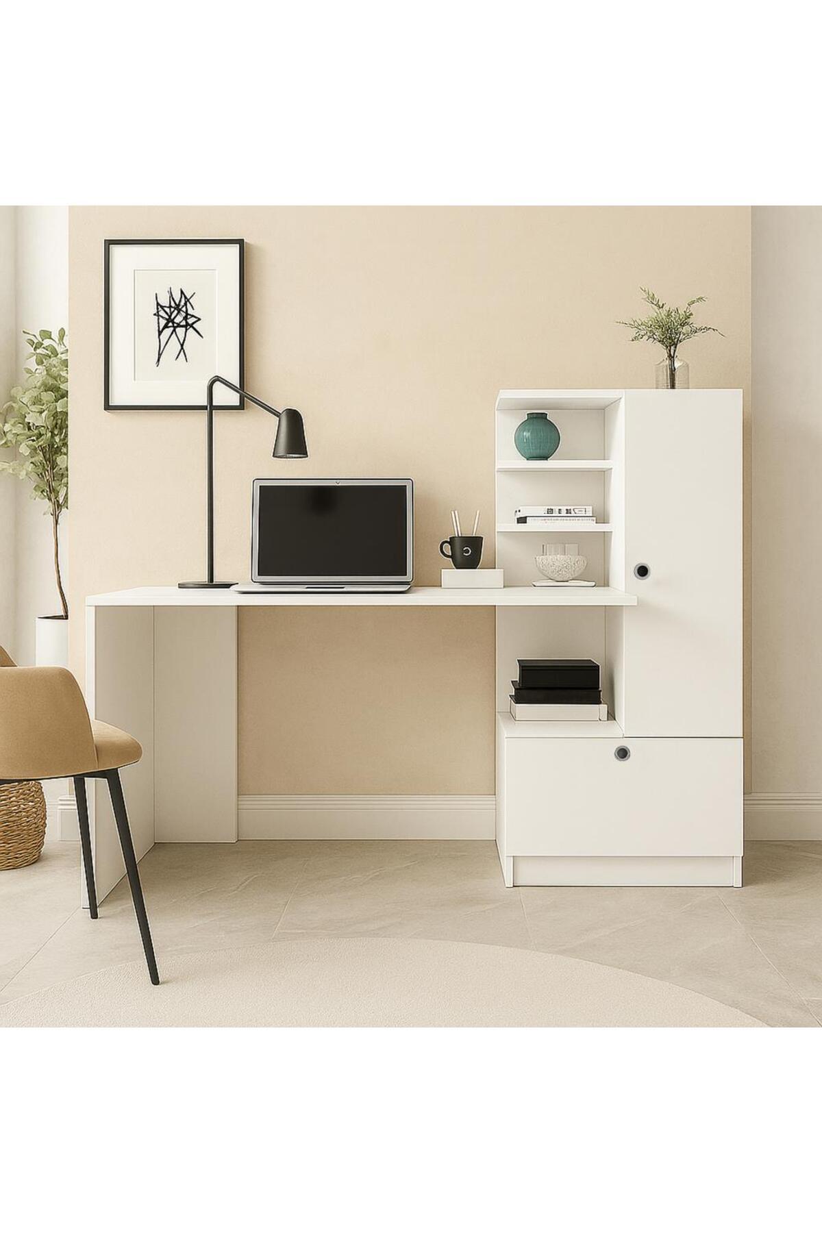 Dekorister Merinos Beyaz Kitaplıklı Çalışma Masası - Çekmeceli Raflı Bilgisayar ve Ders Masası