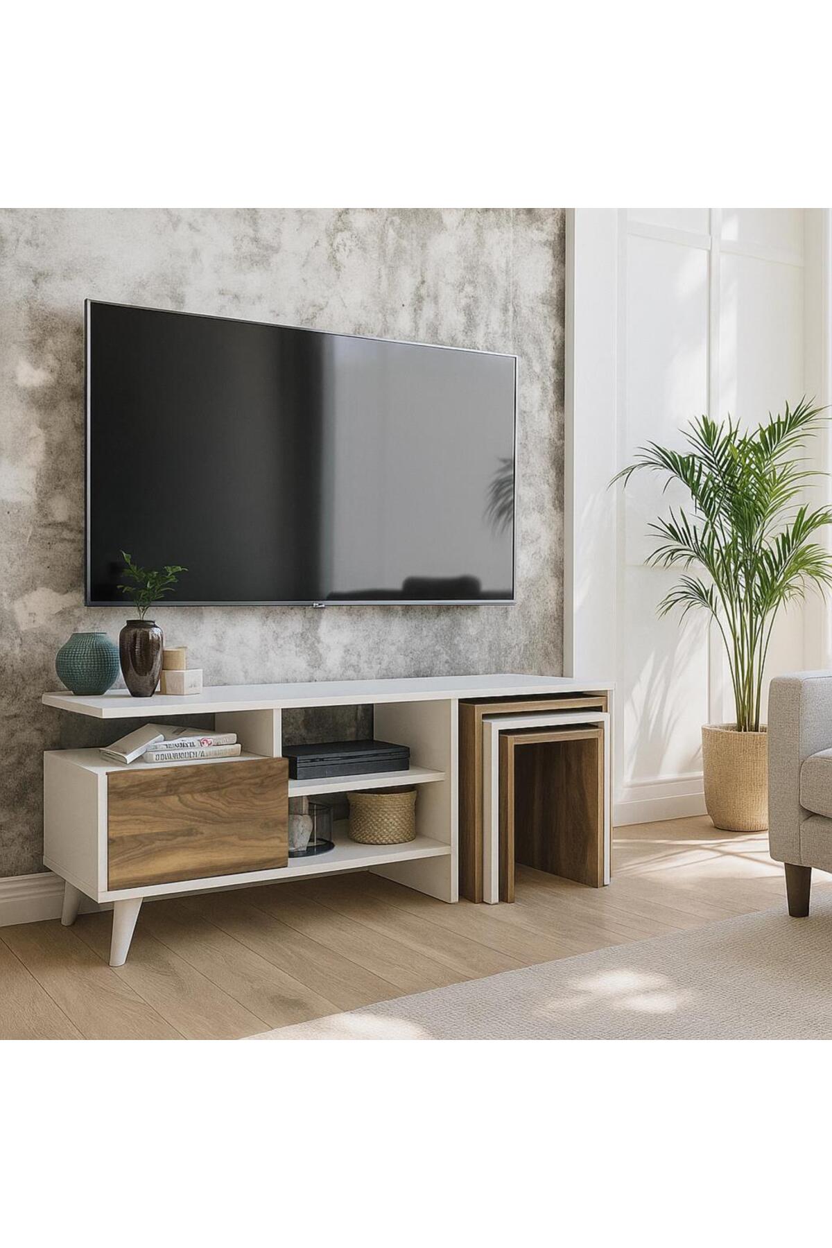 Dekorister Nature Zigon Sehpalı Tv Ünitesi/Düşer Kapaklı Raflı Tv Sehpası - Beyaz Ceviz