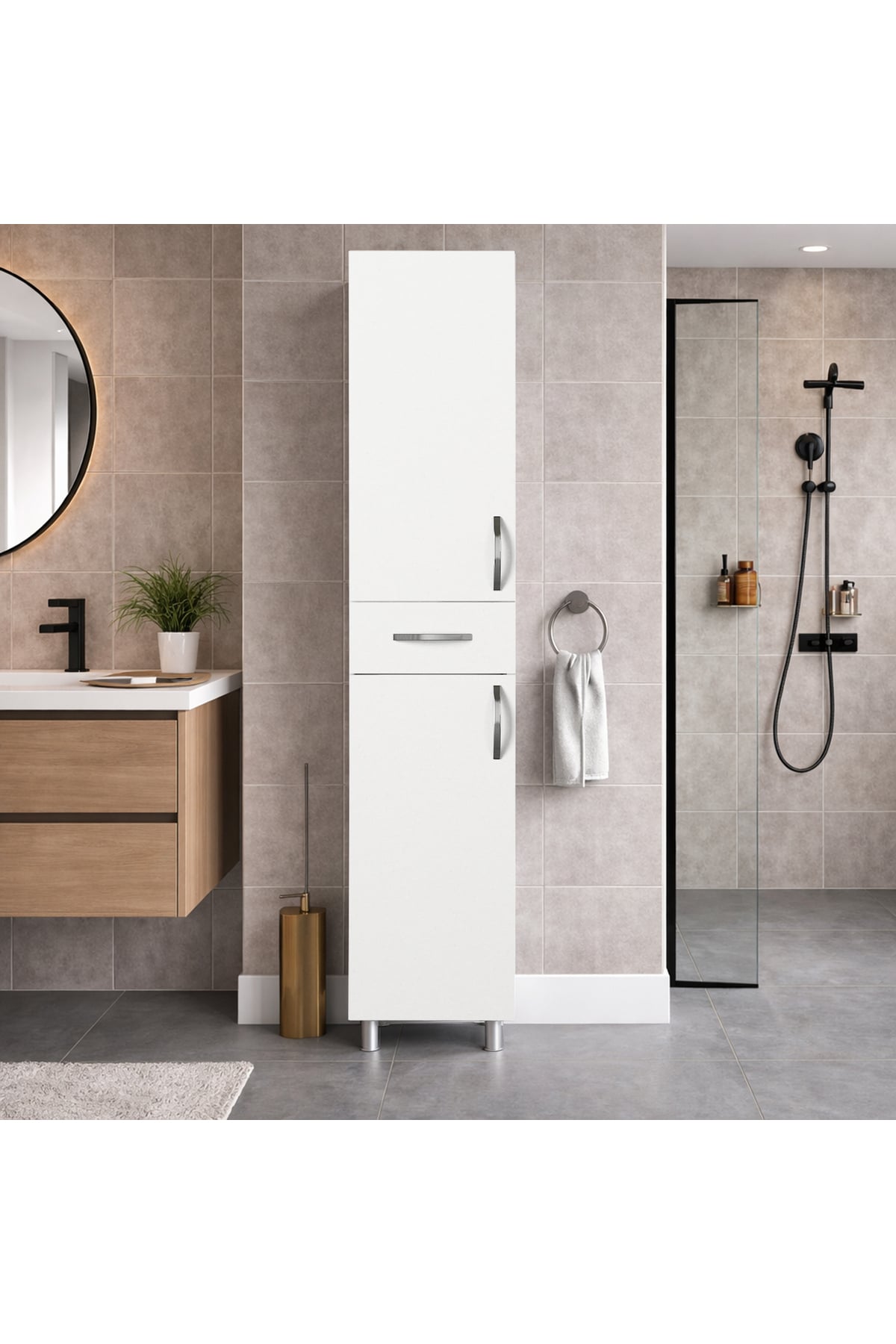 Dekorister Selin Beyaz Banyo Boy Dolabı - 2 Kapaklı 1 Çekmeceli Çok Amaçlı Kiler ve Deterjan Dolabı